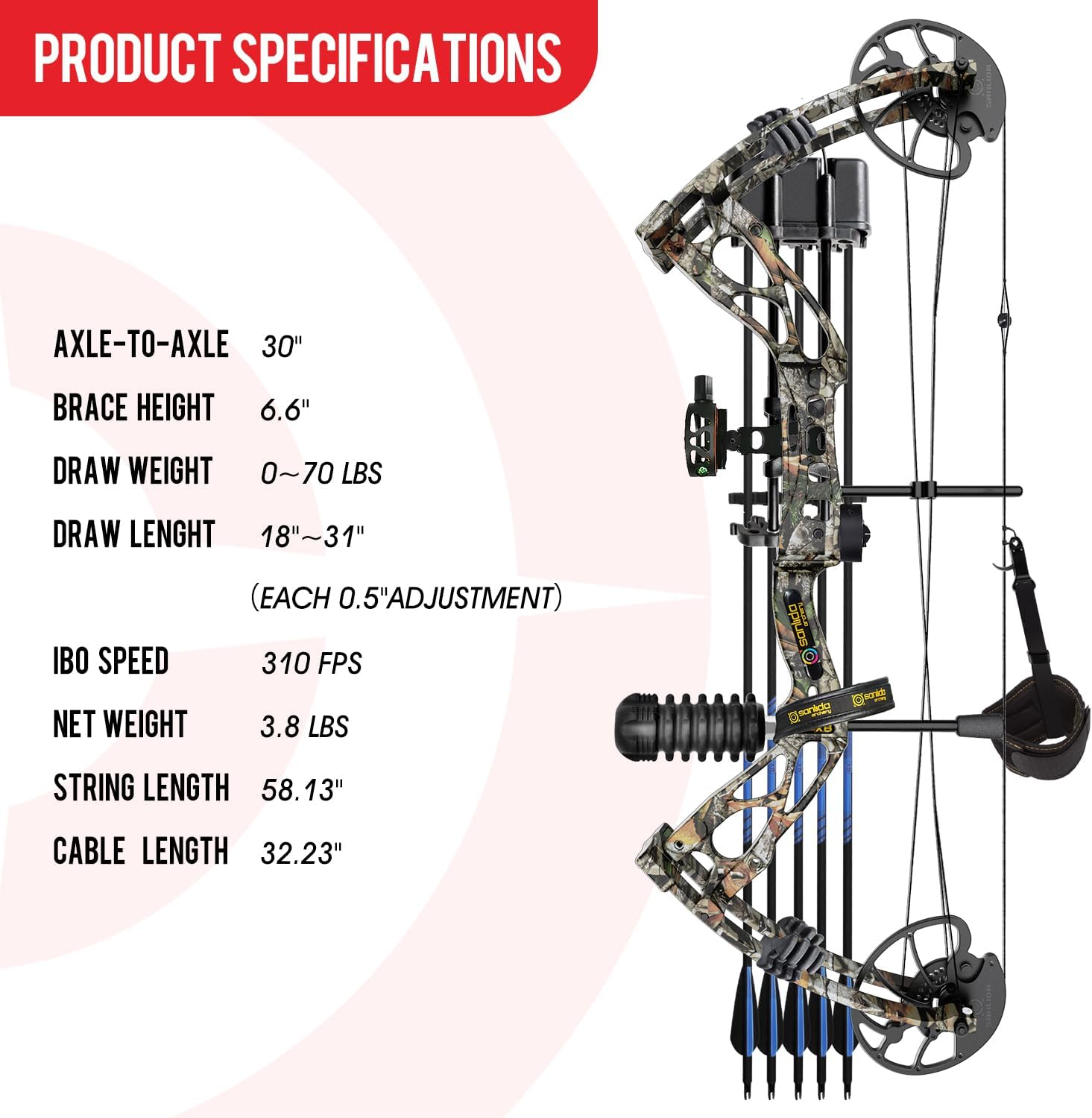 Sanlida Archery Dragon X8 RTH Compound Bow Package for Adults and Teens,18&rdquo;-31&rdquo; Draw Length,0-70 Lbs Draw Weight,Up to IBO 310 Fps,No Bow Press Needed,Limbs Made in Usa,Limited Life-Time Warranty image number 2