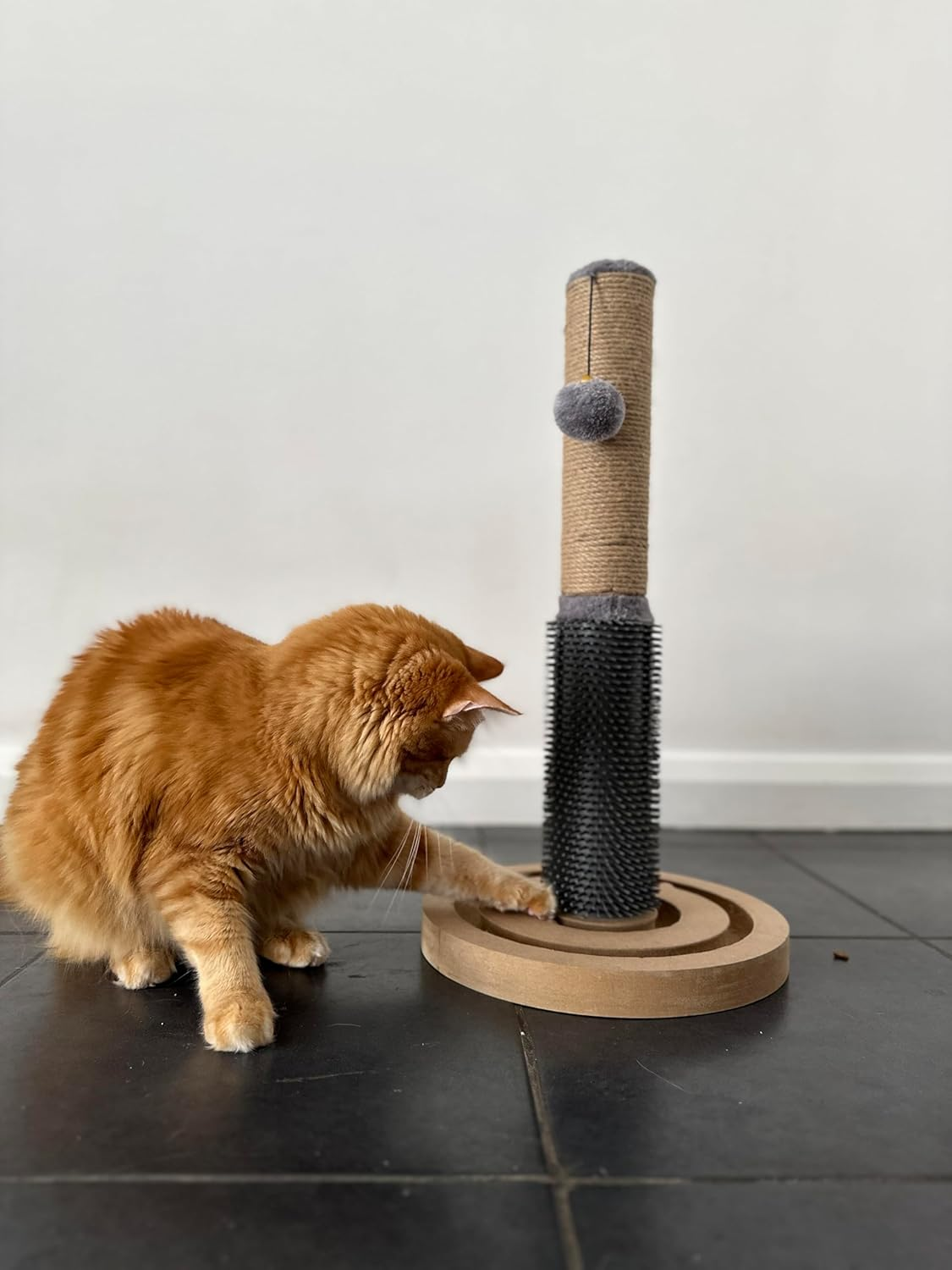 Cattitude Cat Scratch Post Soother, Wood, 54Cm Height - Scratching Post, Massage Brush, Hanging Pom Poms image number 1