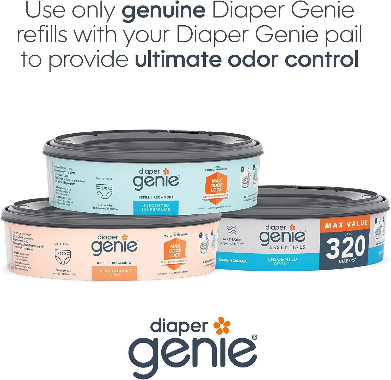 Diaper Genie Essentials round Refill 4-Pack | Holds up to 1280 Newborn Diapers | Features Unscented Continuous Film | Compatible with Diaper Genie Complete and Expressions Pails image number 4