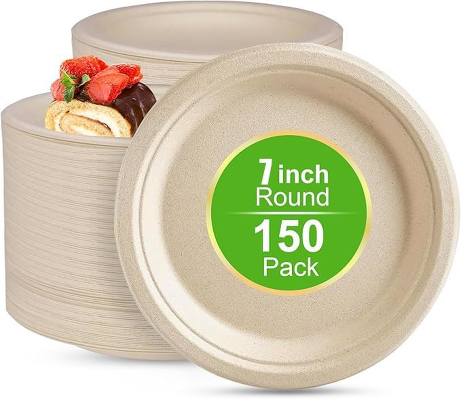 150 Pack Compostable Disposable Paper Plates 7 Inch Super Strong 100% Bagasse Natural Biodegradable Eco-Friendly Sugarcane Plates(Nature) image number 2
