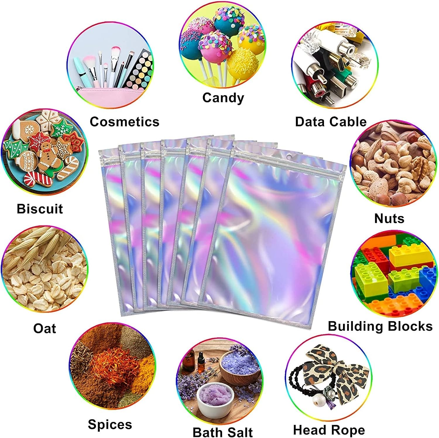 100PCS Resealable Rainbow Color Foil Ziplock Bags - Smell Proof & Holographic Packaging Bags for Food Storage, Coffee Beans, Candy, Jewelry, Lip Gloss - Ideal for Small Business (8 * 13Cm) image number 2
