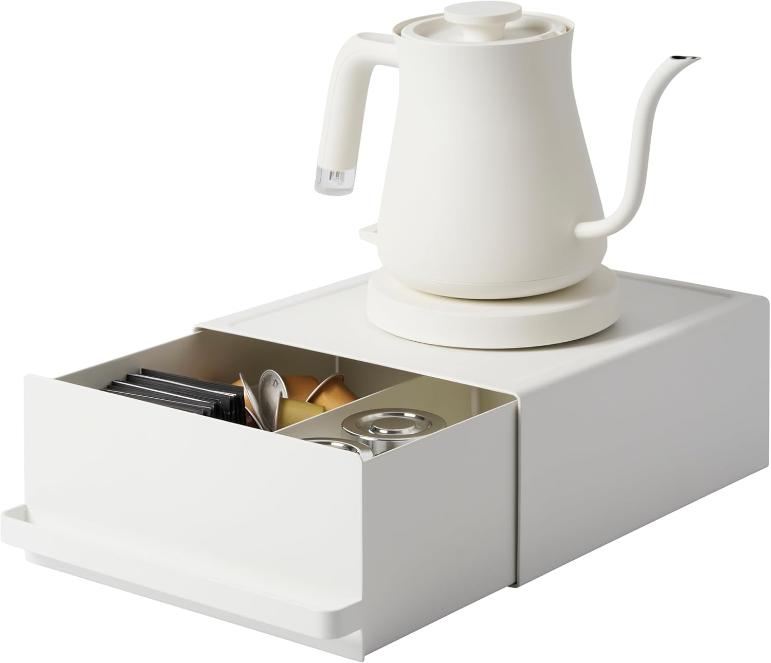 Yamazaki 2018 Kitchen Appliance Rack with Drawers, White, Approx. W 8.7 X D 10.8 X H 4.5 Inches (22.2 X 27.5 X 11.5 Cm) (Including Handles), Tower Slide Shelf, Storage for Small Items, Tea Pack Storage image number 1