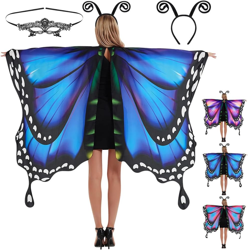 AUTOWT Halloween Butterfly Costume for Women, Adult Butterfly Wings Shawl with Masquerade Mask & Antenna Headband Kit for Ladies Cosplay Animal Avatar Photo Shoot Dress-Up Party Book Week