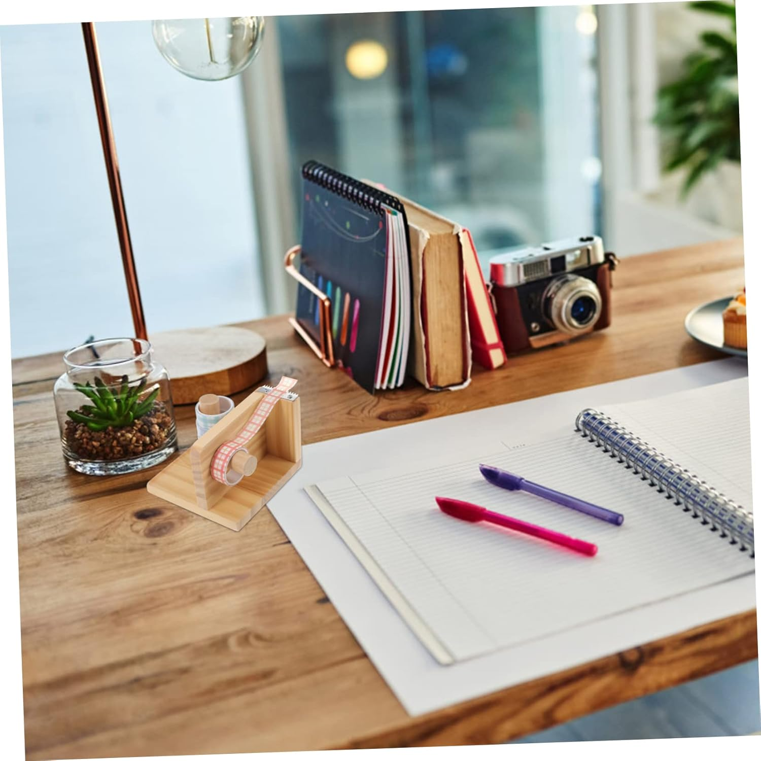 SHINEOFI Professional Tape Dispenser and Portable Tape Cutter with Desk Storage Rack, Natural Wood Color W11&times;D11&times;H8Cm, Reusable Sticker Accessory for Office and Home Organization image number 2