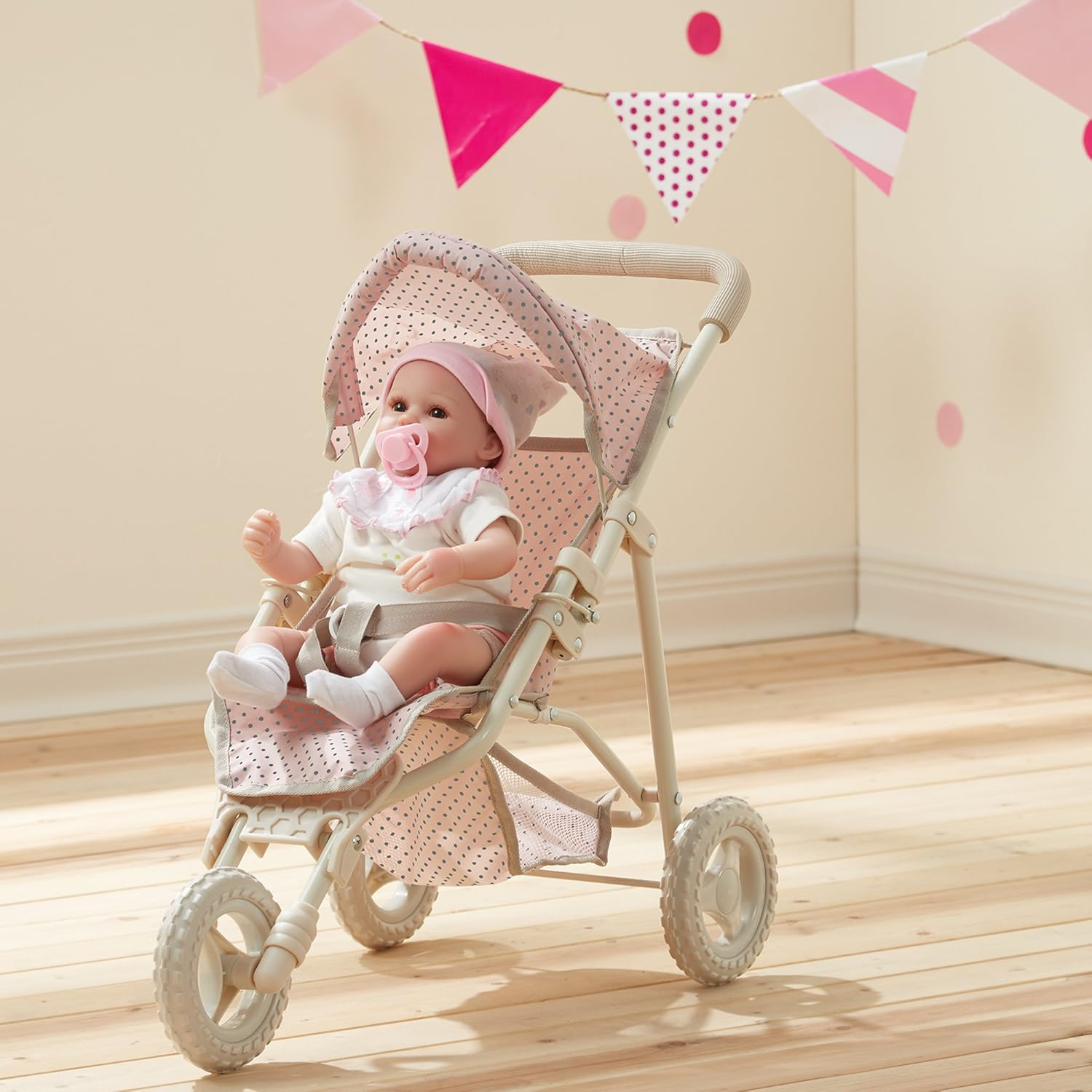 Olivia&rsquo;S Little World Polka Dot Princess Baby Doll Jogging Stroller Toy Pram, Pink/Grey image number 2