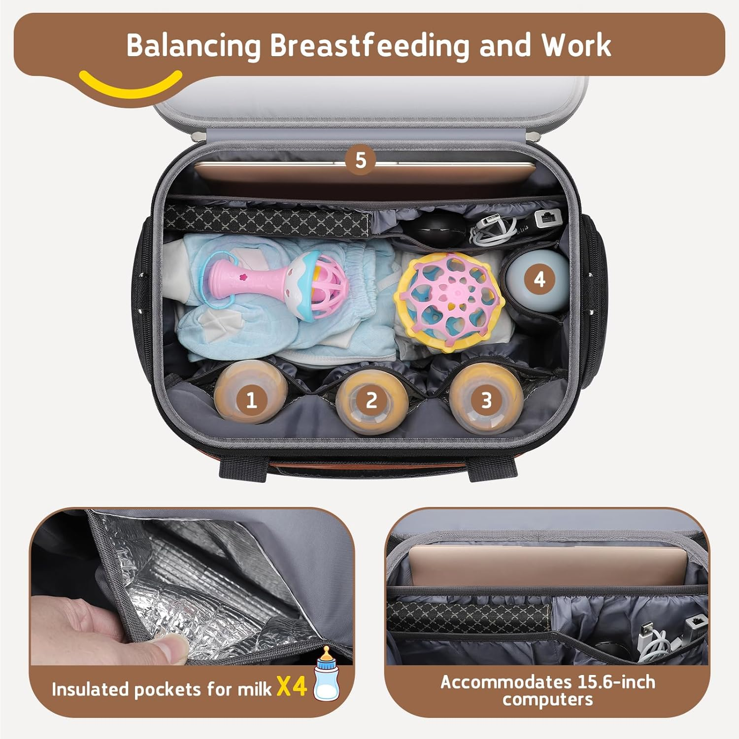 Breast Pump Bag, Diaper Bag Tote with 4 Cooler Pockets, Double-Layer Work Bag for Breastfeeding Mom Fit 15'' Laptop
