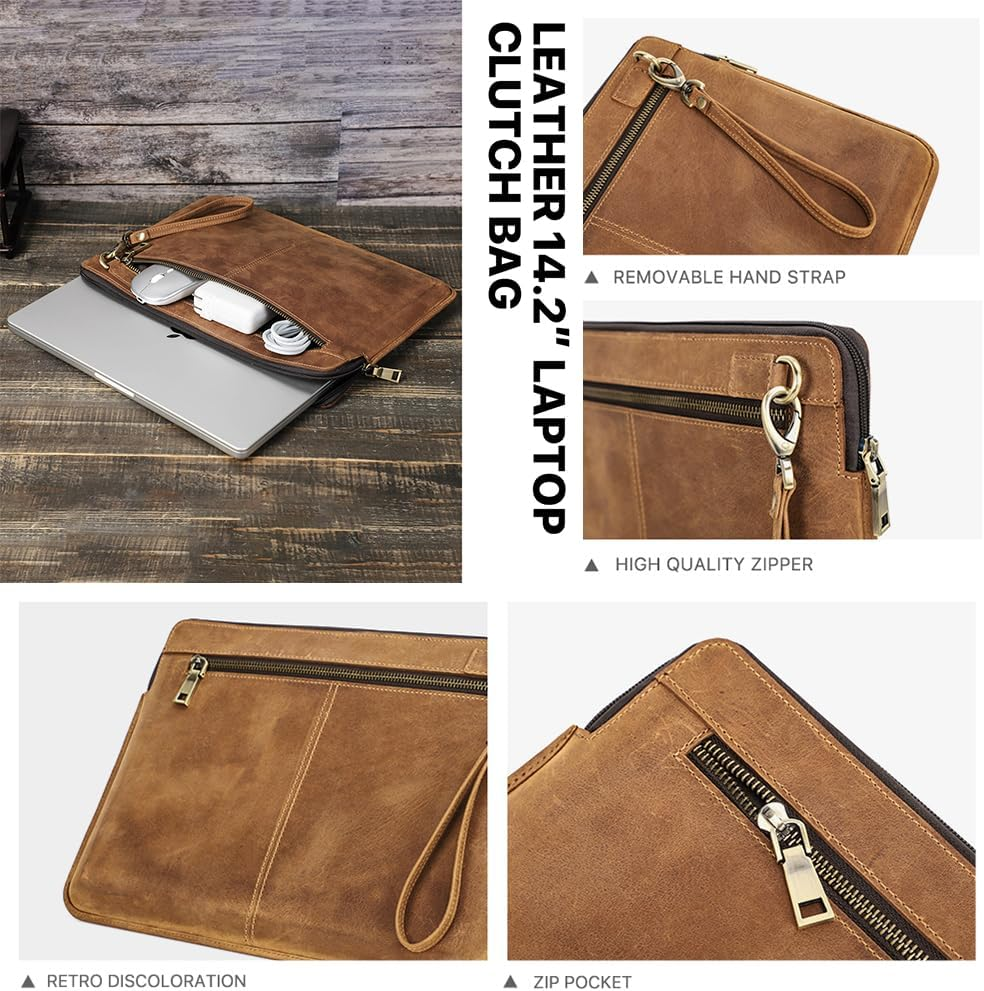 Contacts Genuine Leather Laptop Case Large Document Bag Notary Bag Slim Briefcase for Men - Coffee image number 6