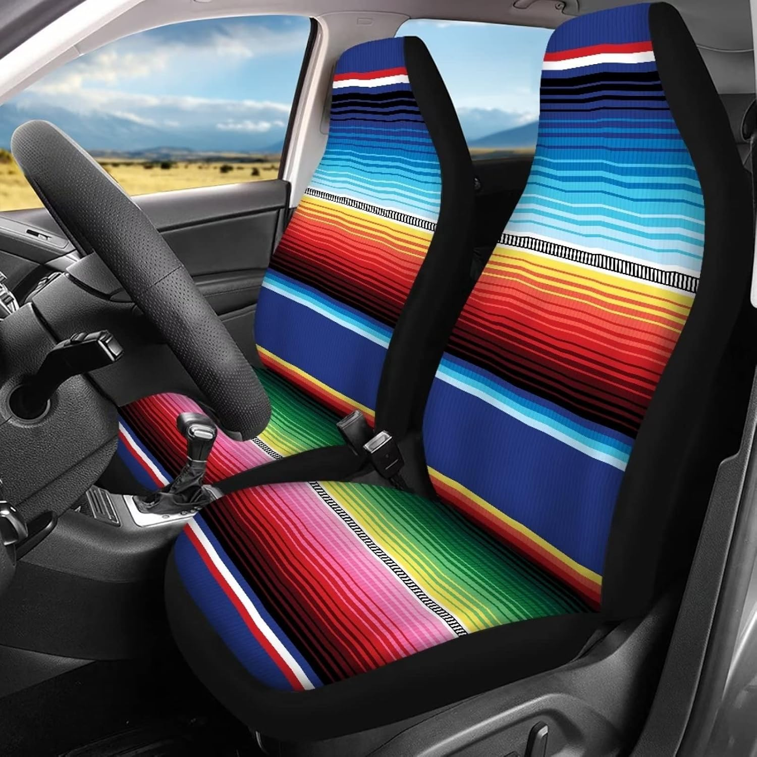 Wideasale Mexican Blanket Serape Stripe Pattern Colorful 12 Pcs Set Car Accessories Universal Fit Full Seat Cover+Steering Wheel Covers+Keychain+Lipstick Holder+Coaster Auto Interior Protector image number 4
