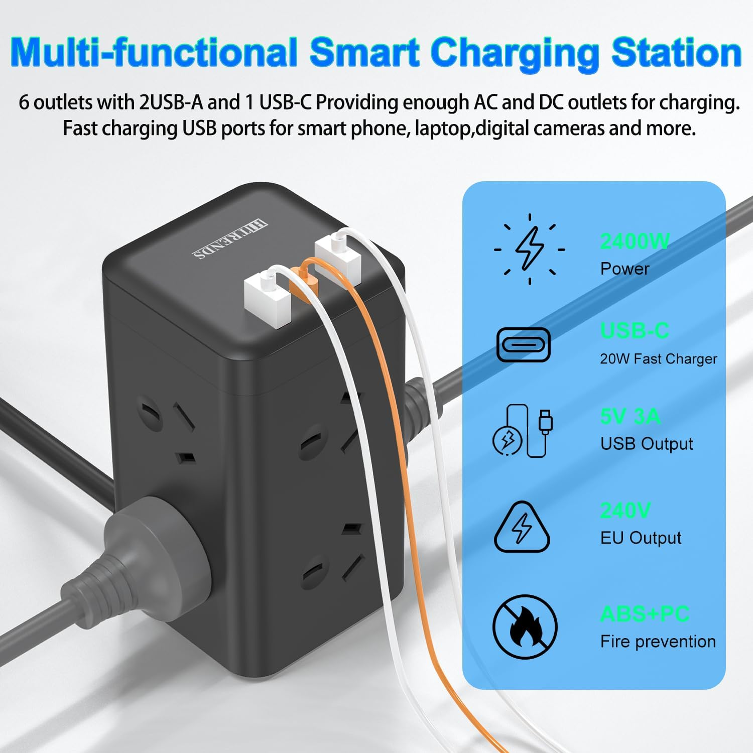 HITRENDS Tower Power Strip Surge Protector, 6 AC Outlets with 2 USB-A Ports and 1 USB-C Ports, 1.6 M Extension Cord, Power Board Tower for Home, Office, School, RCM Certified image number 2