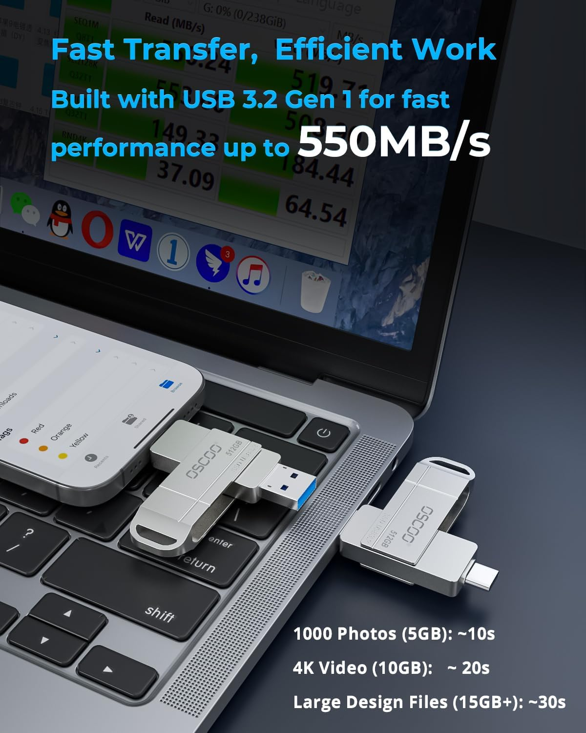 OSCOO 512GB USB Flash Drive &ndash; USB 3.2 Gen1 High-Speed Thumb Drive, up to 550Mb/S, Dual USB-C & USB-A Ports, Compatible with USB-C Smartphones, Android, PC, Laptop &ndash; Portable Photo & Video Backup Stick image number 1