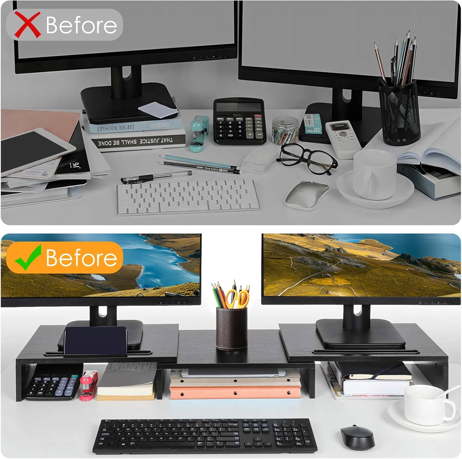 DAWNTREES Dual Monitor Stand Riser 3 Shelf Screen Stand with Adjustable Length and Angle, 2 Extra for PC, Computer, Laptop - Black2 image number 3