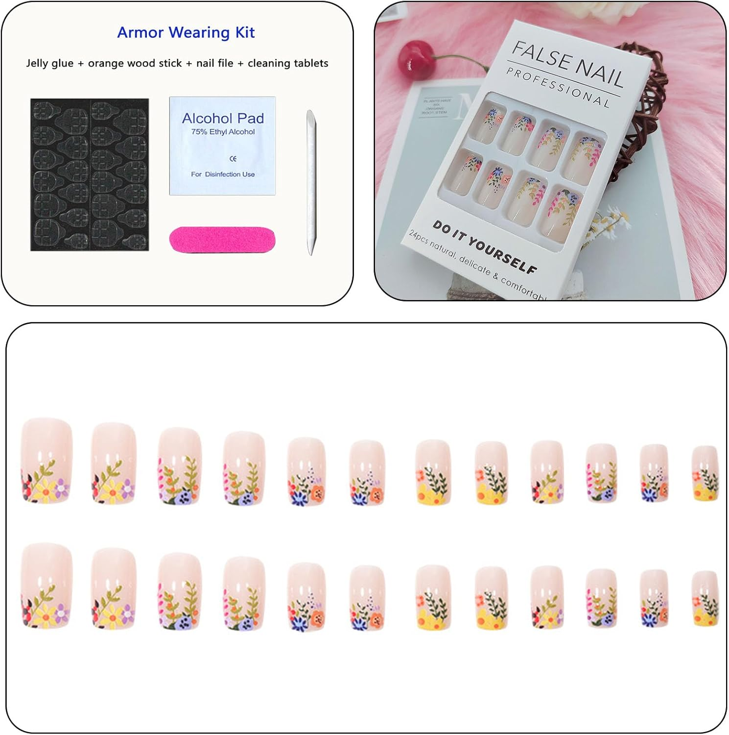 Square Press on Nails Short Cute Floral Nails Acrylic False Nails with Rainbow Flower Designs Artificial Nails Press Ons Reusable Glue on Nails for Women and Girls 24 Pcs image number 1