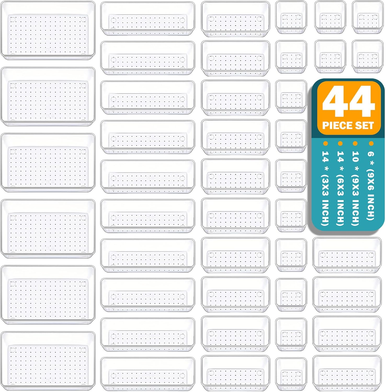 44 PCS Clear Plastic Drawer Organizers Set Bathroom and Vanity Organizer Trays Non-Slip Storage Containers for Makeup Jewelries Bedroom Office image number 3
