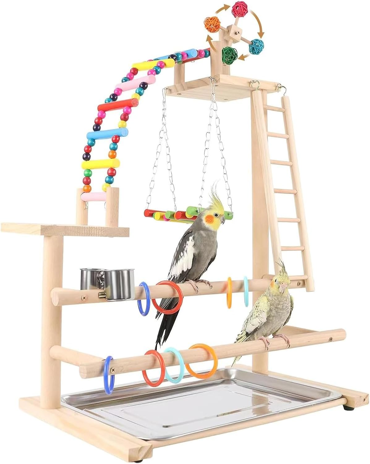 Bird Playground, Bird Perch, Parrot Stand, Wood Perch Gym Playpen Ladder with Feeder Cups Toys Exercise Play(36,5 * 23 * 57CM)