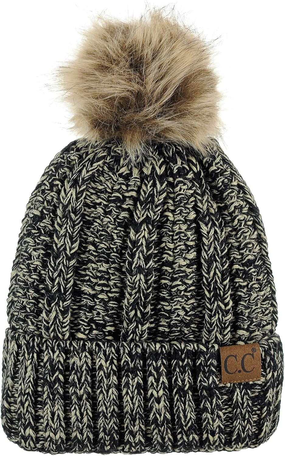C.C Thick Cable Knit Faux Fuzzy Fur Pom Fleece Lined Skull Cap Cuff Beanie