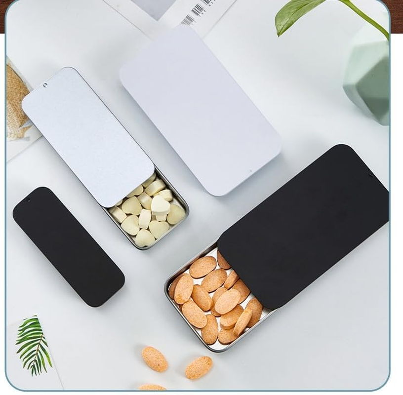 Metal Rectangular Empty Mini Tin Box, Mini Iron Box Tinplate Push Candy Pill Cases Bins Jar Food Small Storage Box Containers for Home Organizer, Decorative Accessories (Black, 1 Small 1 Large) image number 4