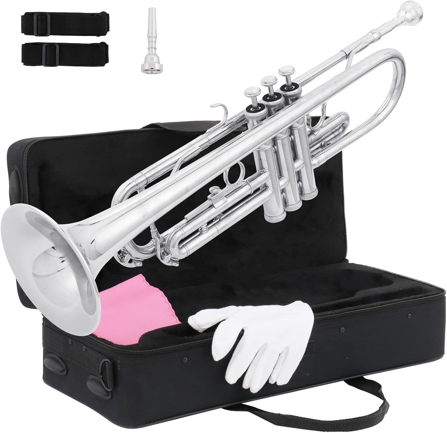 Ktaxon Bb Standard Trumpet for Beginners,Trumpet for Student with Hard Case,7C Mouthpiece,Cleaning Cloth,Gloves,Brass Instruments for Kids and Adults(Silver) image number 6
