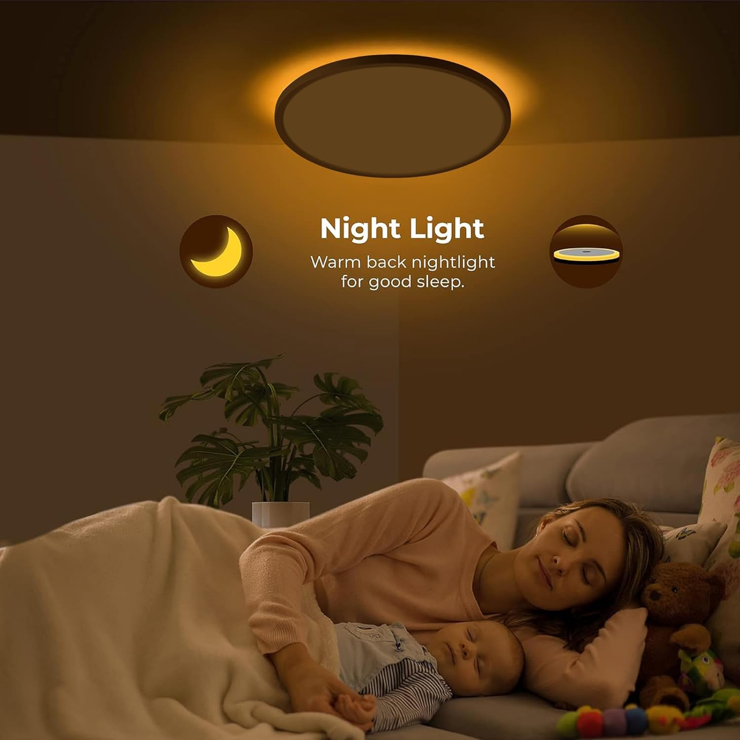 Anyuainiya 12 Inch LED Flush Mount Ceiling Light Fixture with Night Light, 24W 2400LM 3000K/4000K/6500K Selectable Dimmable Light Fixtures with Remote Control for Bedroom Livingroom Bathroom Kitchen image number 5