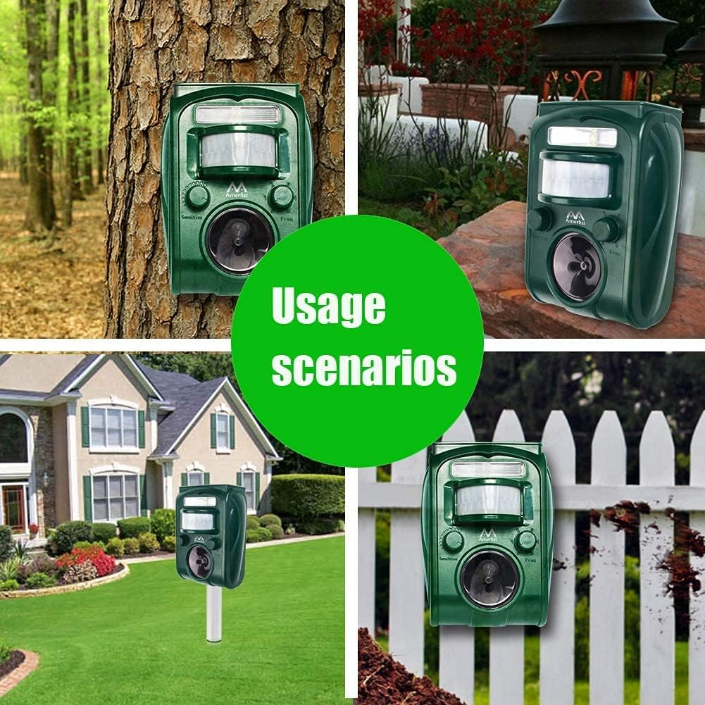 AMERFIST Solar Animal Repeller, 2021 Ultrasonic Mole Repellent, Rat, Squirrel, Deer, Raccoon, Skunk, Rabbit, Mole, Dog, Cat, Waterproof with Motion Detector, USB Rechargeable, Flashing Light (Green) image number 4