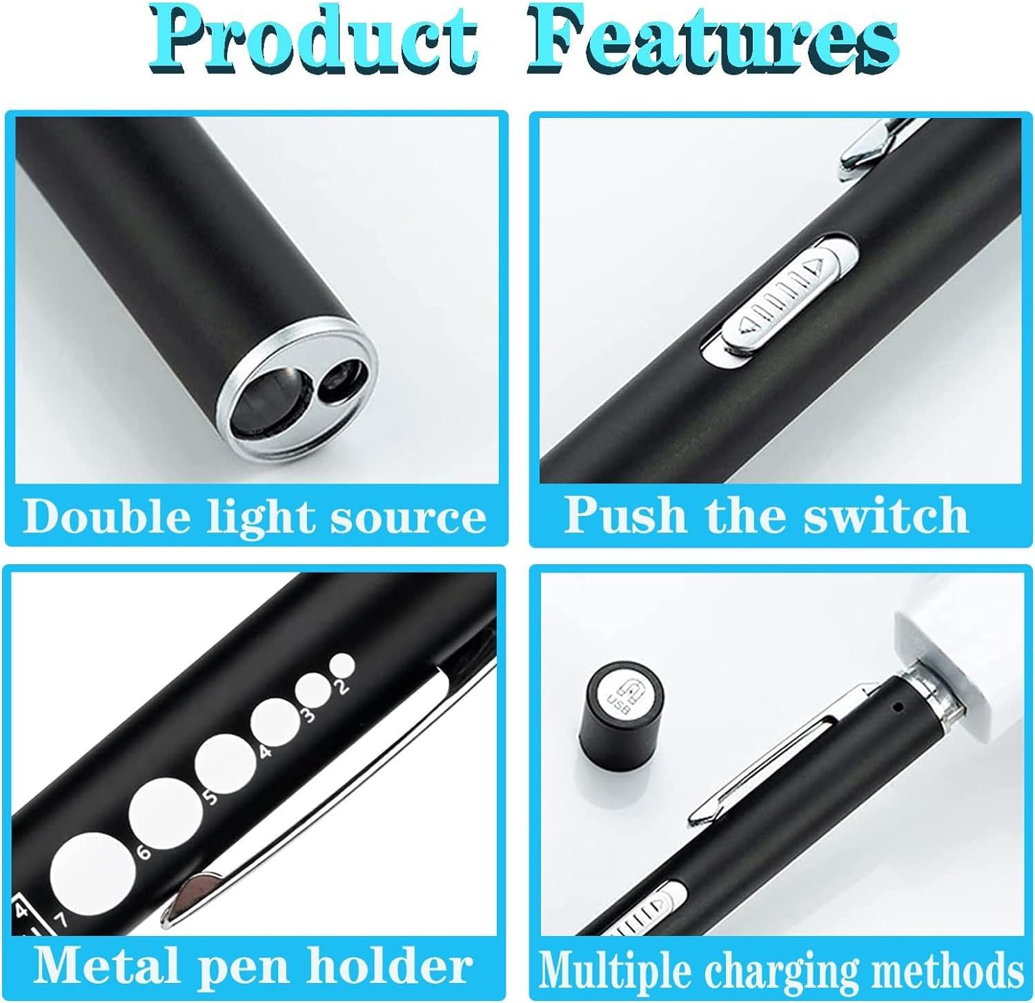 YUENTOEN Pen Light, USB Rechargeable LED Flashlight with Pupil Gauge Stainless Steel Clip Dual Light Source for Home and Outdoor(Silver+Black) image number 6