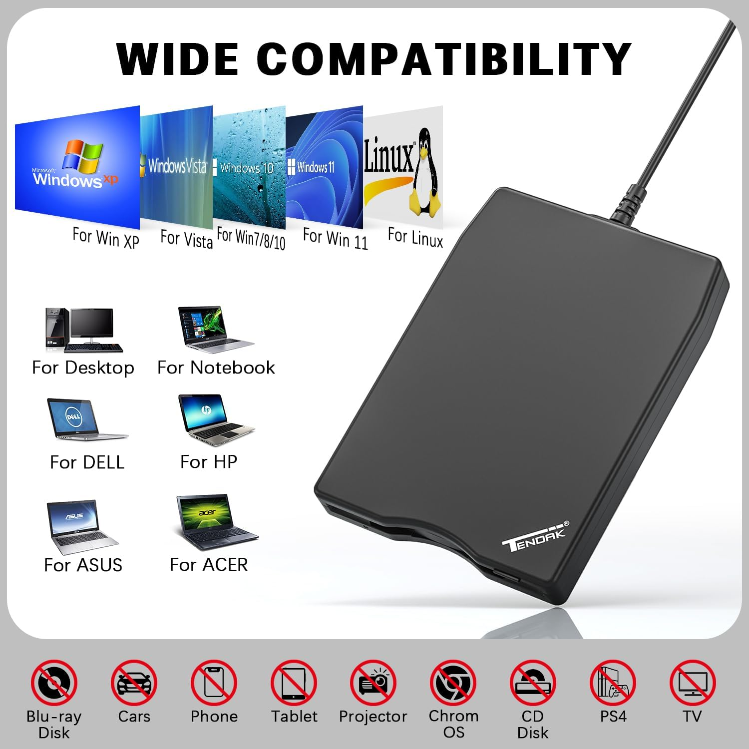 USB Disk Drive, Tendak 3.5" USB 2.0 Floppy Disk Drive Portable External 1.44MB 720BKB FDD Diskette Drive for PC Windows 10 7 8 Windows XP Vista Mac (Black) image number 4