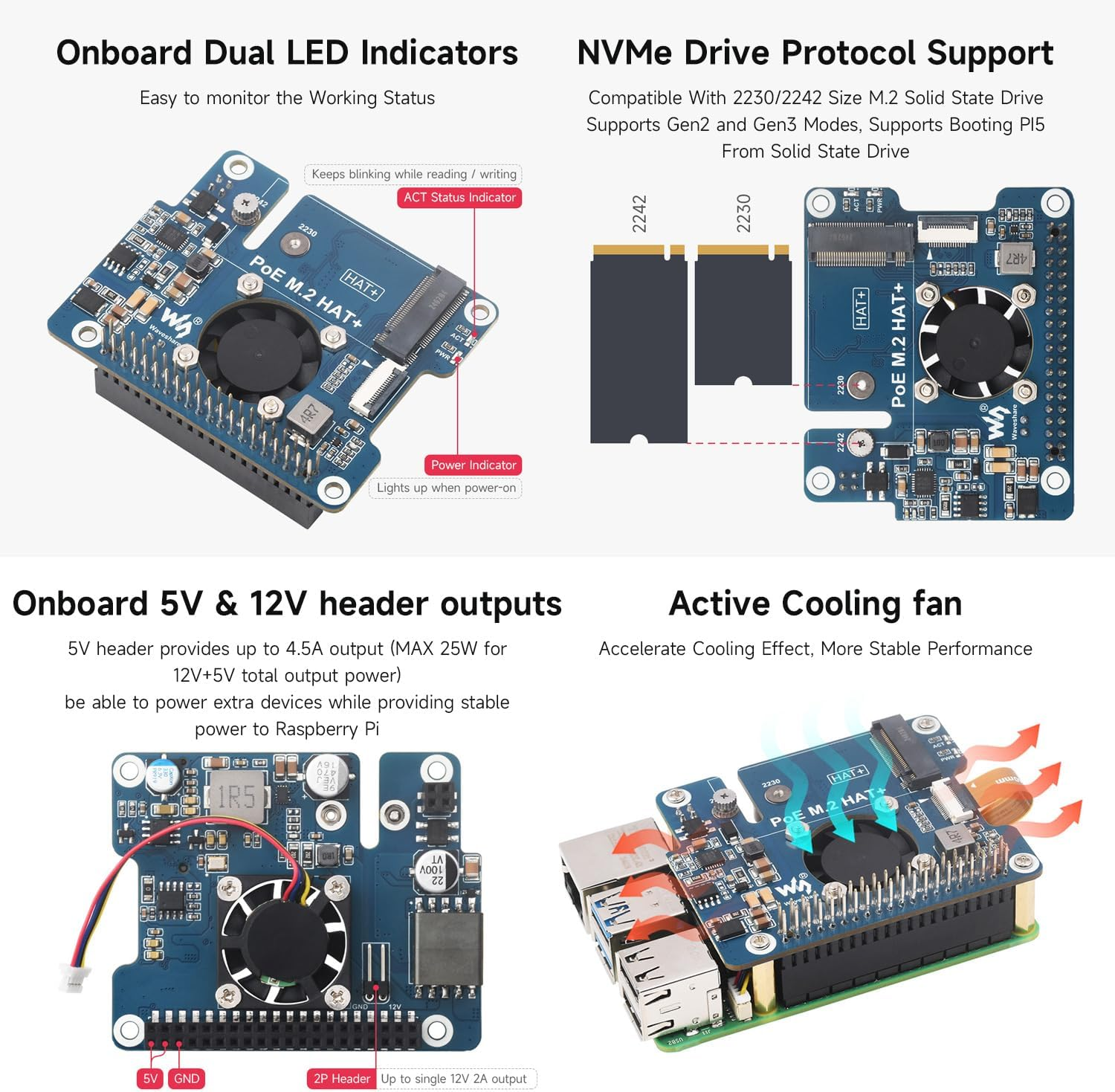 Wavesharr PI 5 Hat+,Pcie to M.2 Adapter with Poe Function for Raspberry Pi 5, Supports Nvme Protocol M.2 Solid State Drive, High-Speed Reading/Writing, Raspberry Pi 5 Poe HAT image number 3