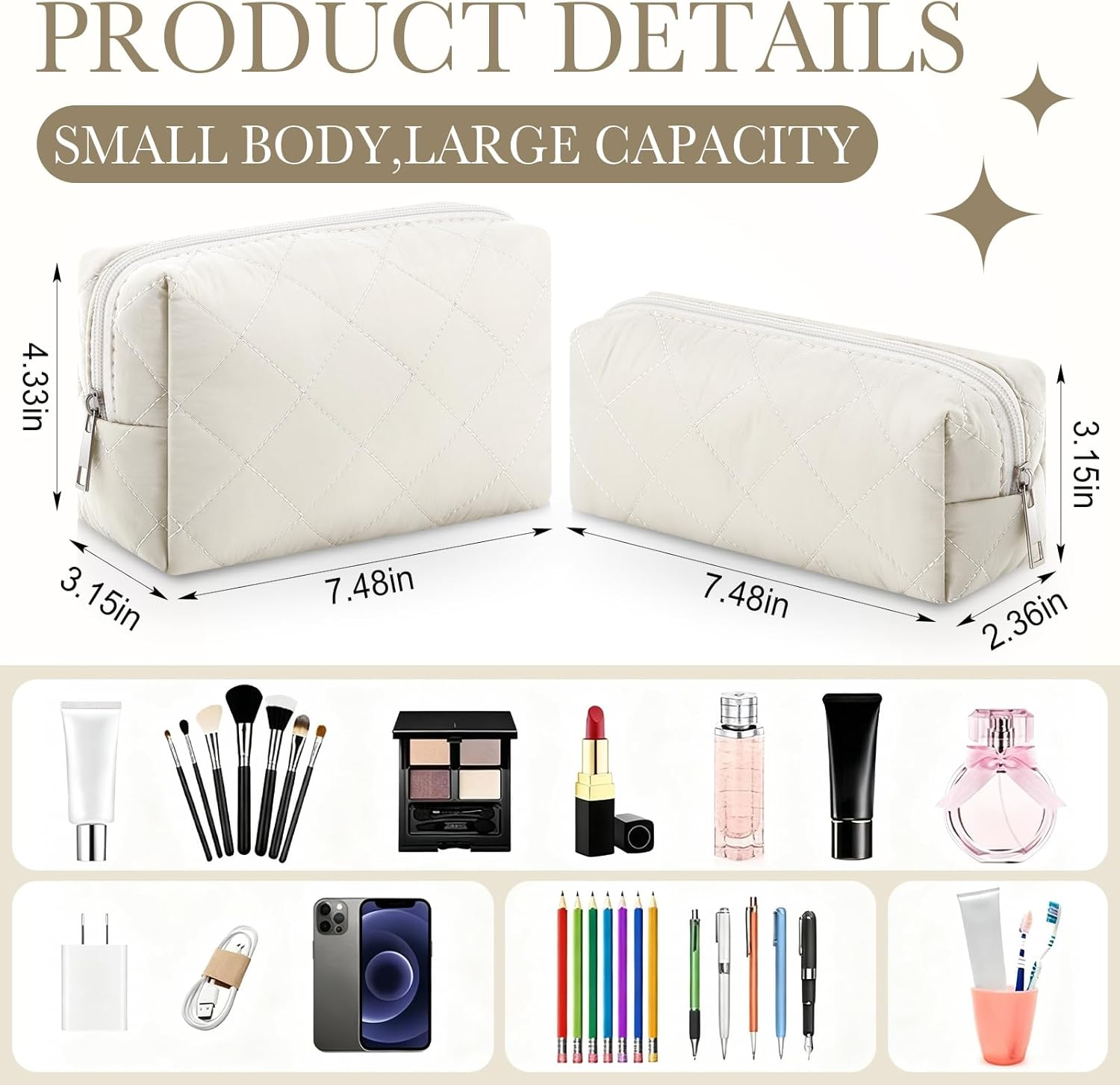 Siltriangle 2 Pcs Valentines Puffy Makeup Bag Quilted Cosmetic Pouch for Women Cute Puffer Makeup Organizer Compact Toiletry Bags Preppy Pencil Case with Zipper Winter Gift for Women Girlfriend, Beige - Black image number 6