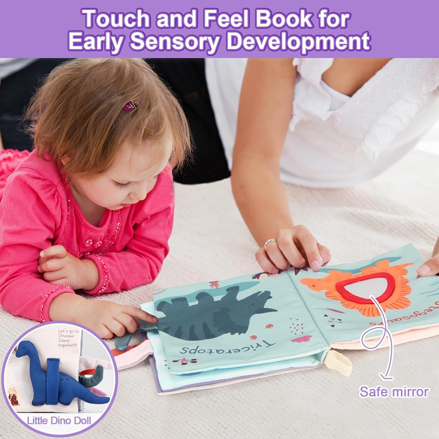 Joyfia Baby Toys 0-6 Months, Infant Tummy Time Toys High Contrast Sensory Touch Feel Book 6-12 Months, Crinkle Cloth Book with 3D Dino, Car Seat & Stroller Toys, Baby Boys Girls Developmental Gifts image number 3