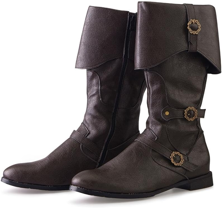 DUNHAO COS Men'S Faux Leather Medieval Boots Viking Pirate Costume Boots Renaissance Faire Cosplay Shoes