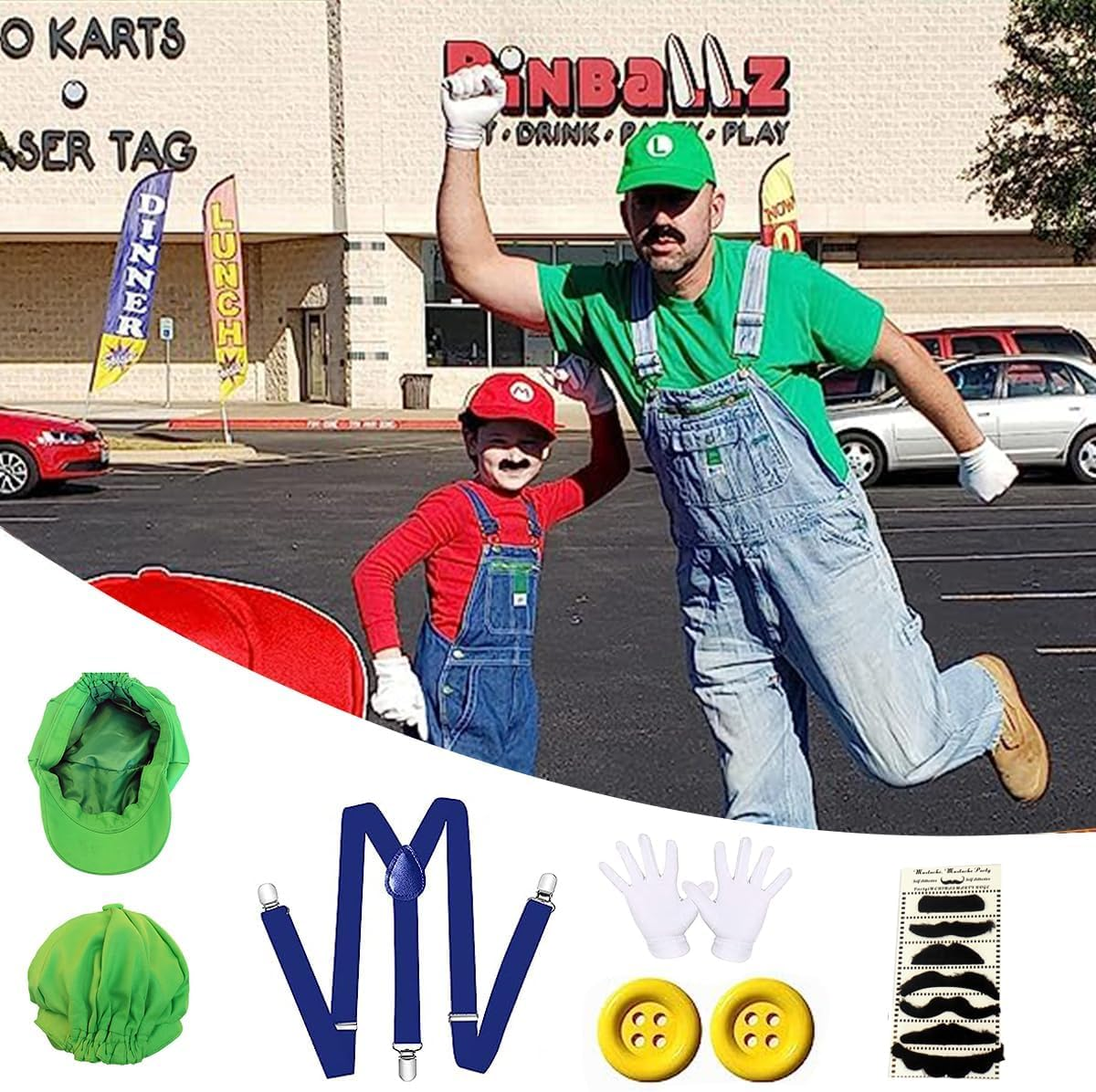 Super Brothers Costume Adult Accessories Set with Cosplay Hat,Gloves,Buttons,Strap,Beard,For Halloween Cosplay - Green image number 2