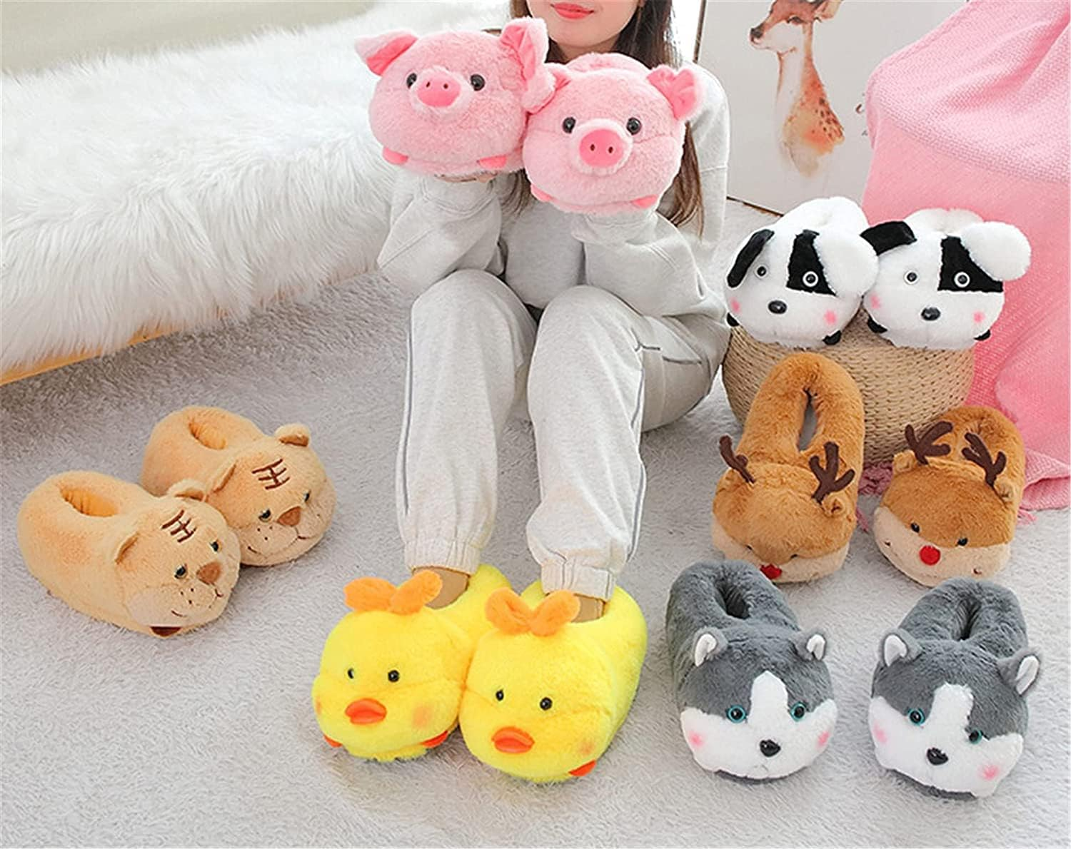 LANFIRE Animal Slippers Hamster Slippers Pig Slippers Duck and Sheep Shoes Winter Home Warm anti - Skid Cotton Slippers - Duck image number 5