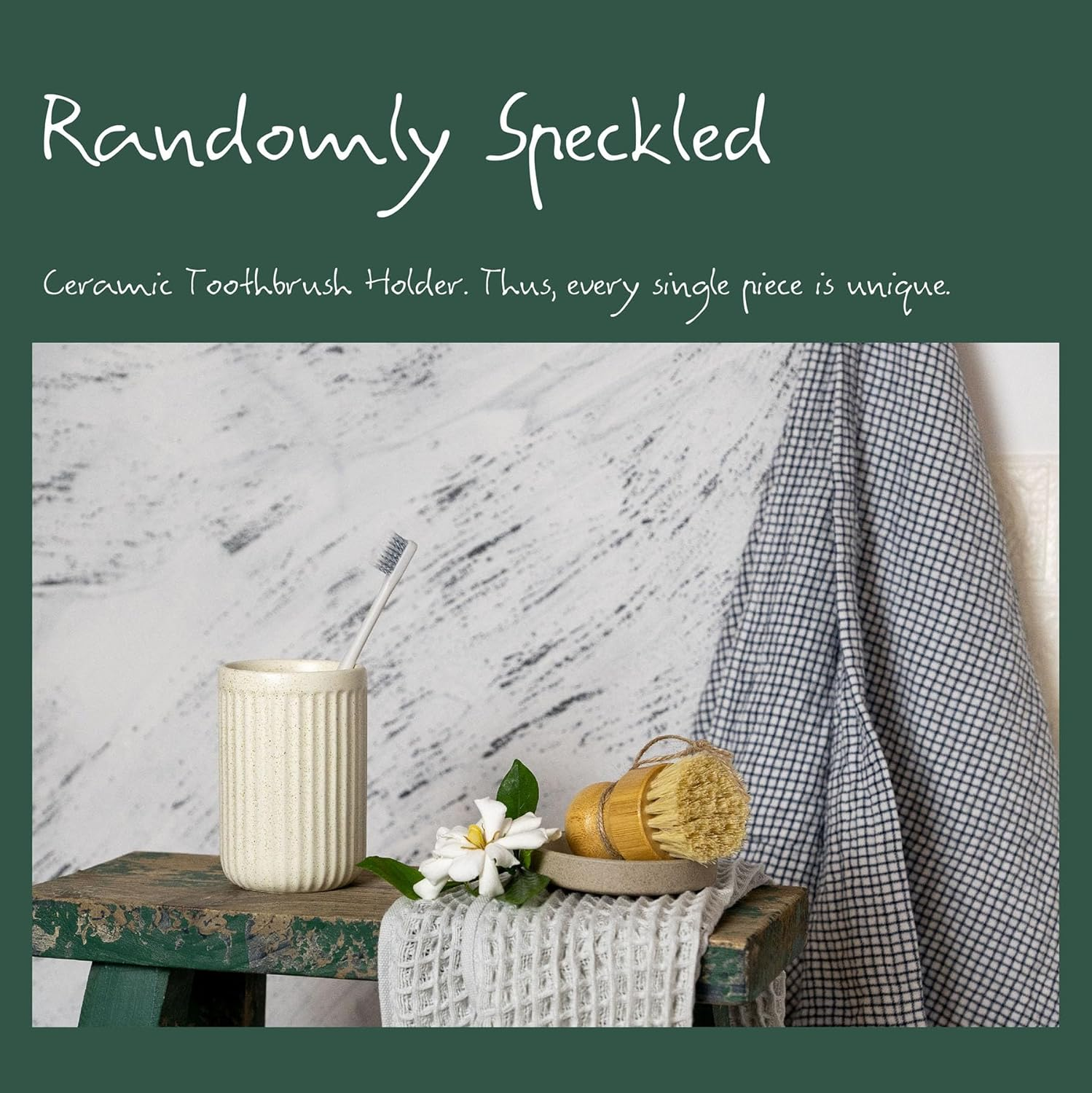 Beige Ceramic Toothbrush Holder for Bathroom Countertop, Randomly Speckled Ceramic Tumbler, Rippled Cylinder Make-Up Brush Holder Pen Holder, Desktop Organizer, Bathroom Accessory image number 6