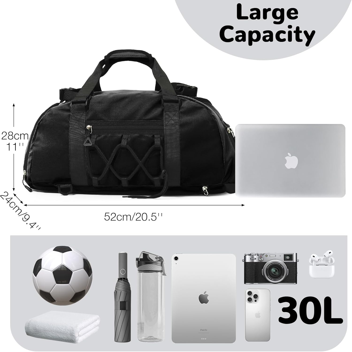 Outplea Sports Bag with Shoe Compartment, Waterproof Sports Backpack Large Men Women Training Bag Travel Gym Duffle Bag Fitness Bag, Black image number 4