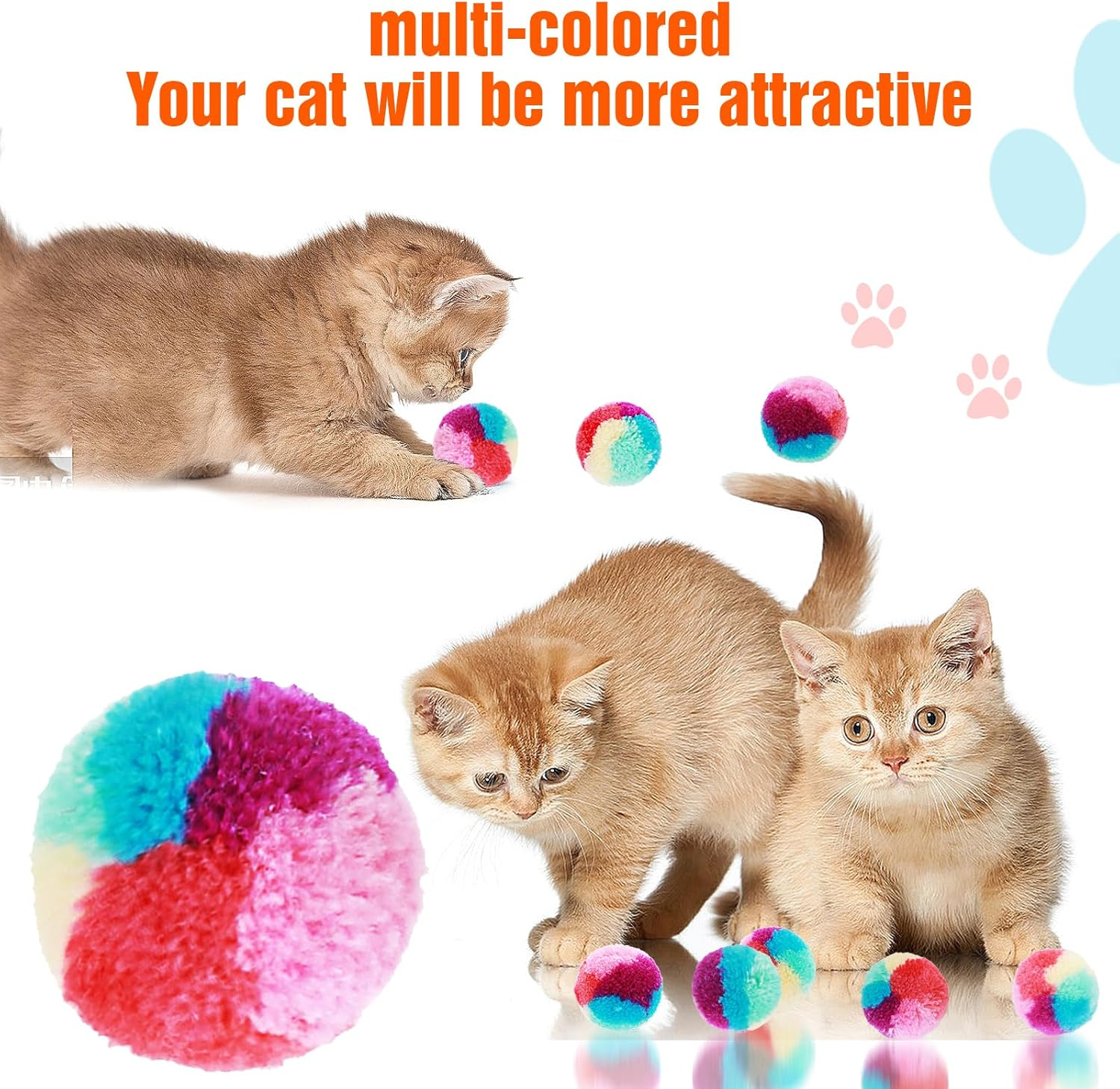 GEEHUA Pack of 20 Colourful Cat Toys Balls, 3.0 Cm Rainbow Cat Toy Balls, Soft Plush Cat Ball, Interactive Toy, Training Ball, Toy for House Cats, Kittens Play image number 4