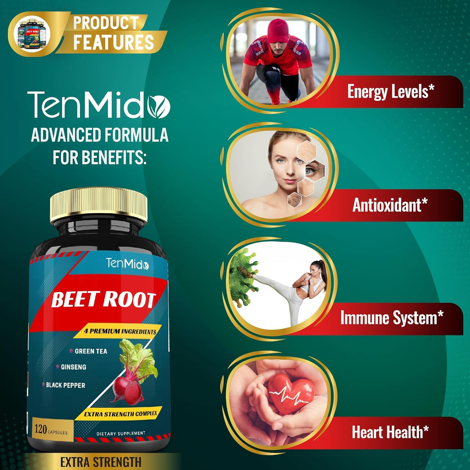 Beet Root Extract Capsules, 4 Months Supply & Green Tea, Ginseng, Black Pepper | Increased Energy, Athletic Performance Supports, Boosts Stamina | Nutritional Workout Supplements image number 3