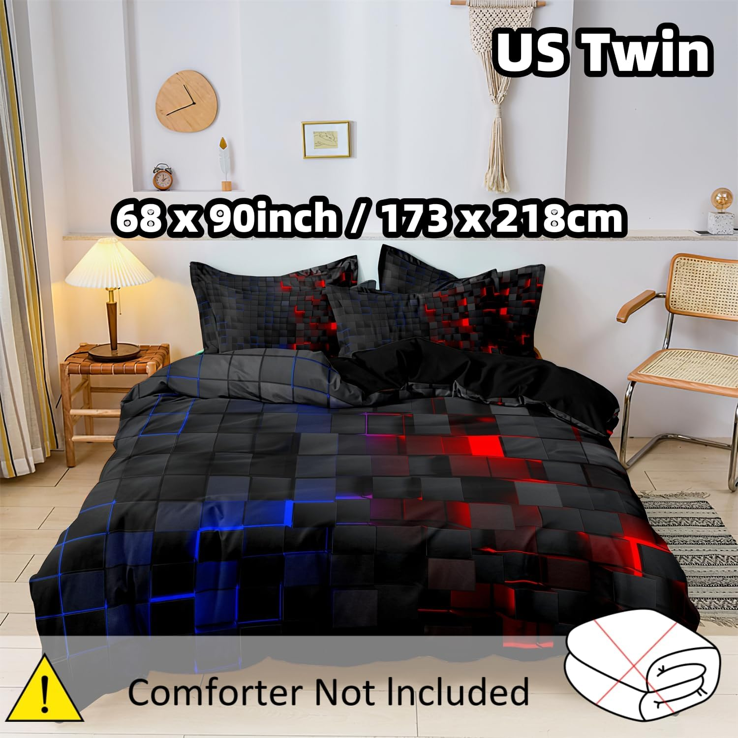 Checkered Duvet Cover Set Twin Size, Red and Blue Grid Printed Quilt Personalized Geometric Square Grid Bedding Set Modern Abstract Check Quilt Cover for All Season (1 Duvet Cover + 2 Pillowcase) image number 3