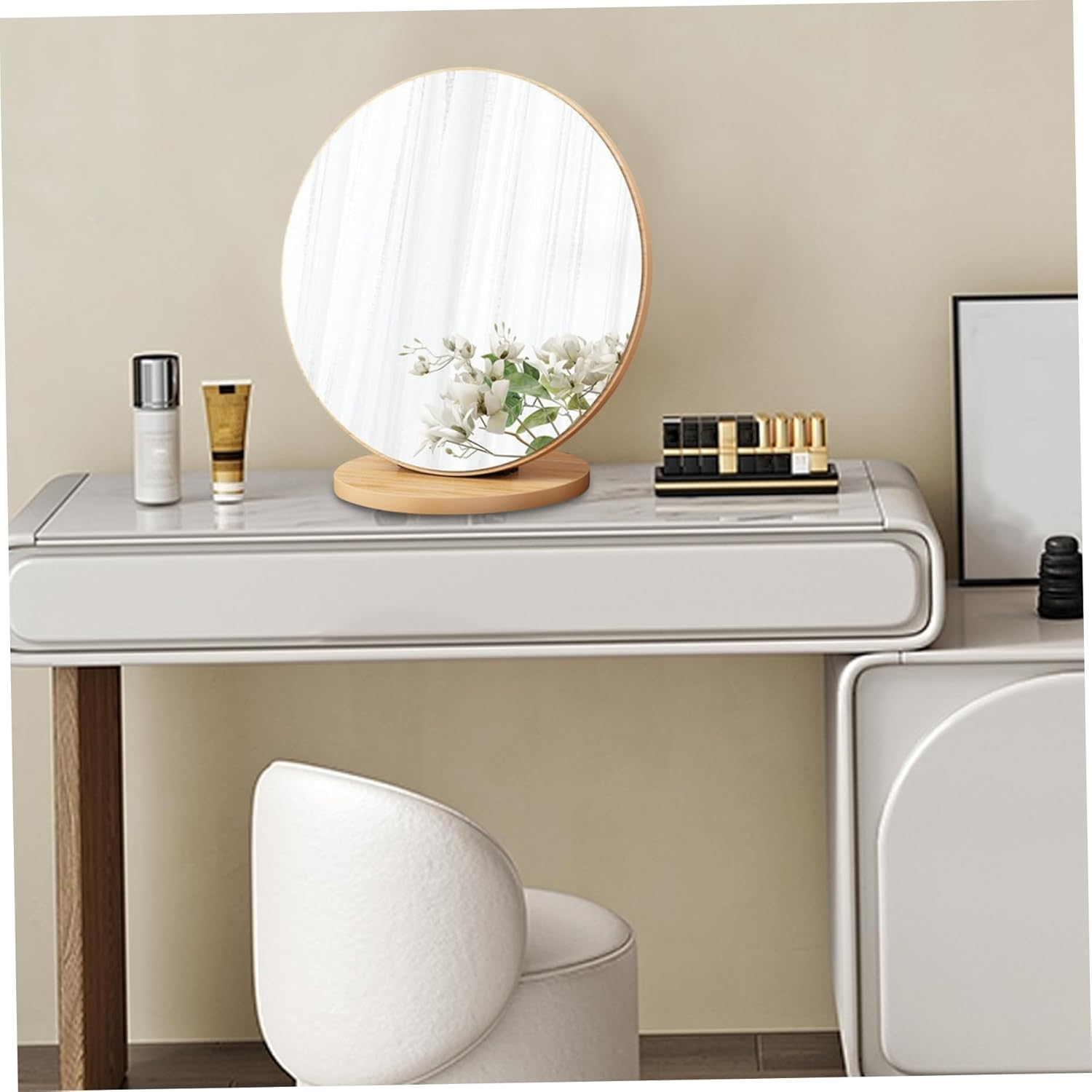 Round Makeup Mirror with Wooden Base 11.8" Makeup Mirror 90&deg; Rotating Tabletop Mirror for Home Dorm & Bedroom Dressing Table image number 4