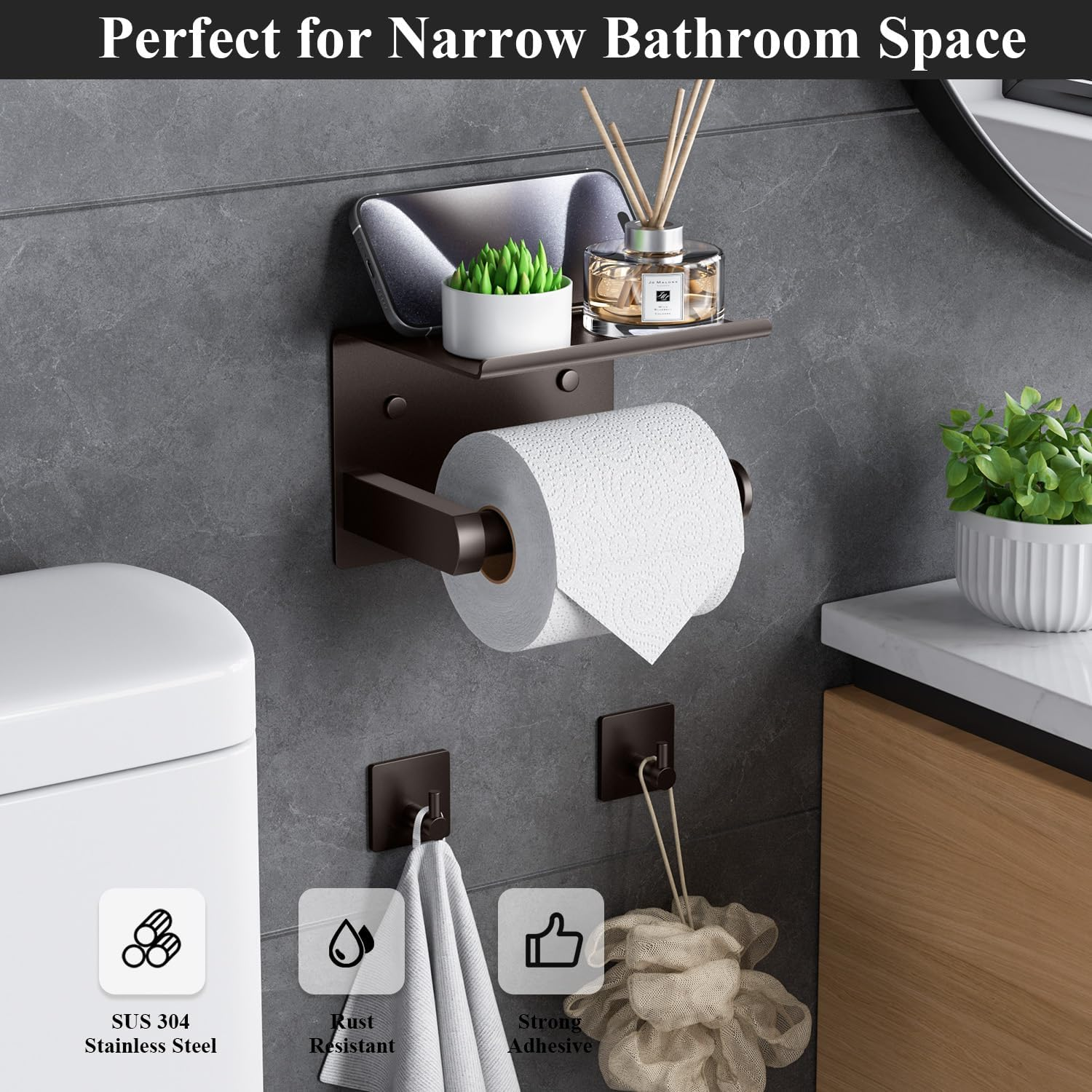 Tindbea Toilet Paper Holder with Phone Shelf + Towel Robe Hooks, Adhesive or Screw Wall Mounted Toilet Paper Roll Storage Dispenser, Stainless Steel Bathroom Tissue Roll Holder (Bronze) image number 1