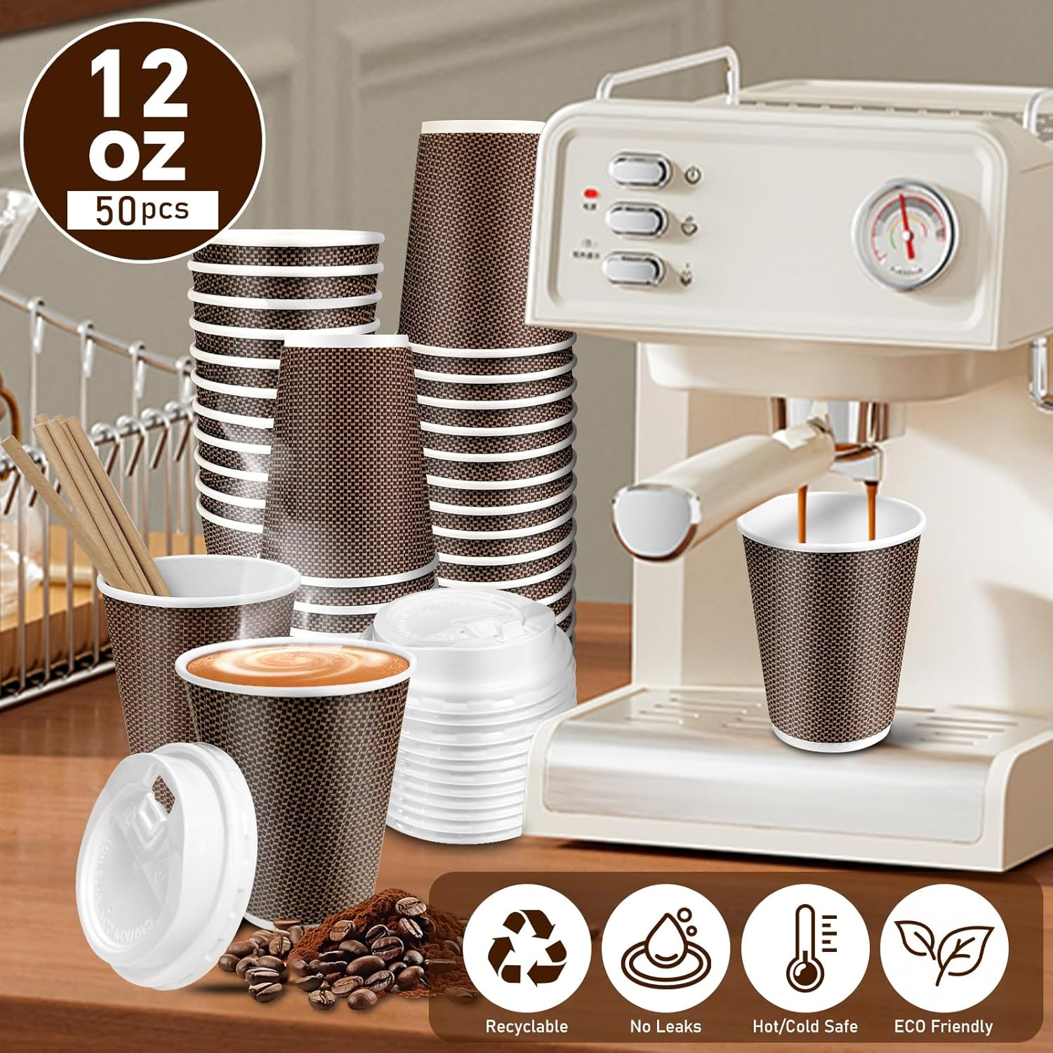 50Pack 12Oz Disposable Paper Cups, Leakfree Triple Wall Coffee Cups with Lid and Straws, to Go Paper Coffee Cup for Coffees,Tea,Chocolate,Hot Cold Drink, Ideal for Home,Parties,Weddings