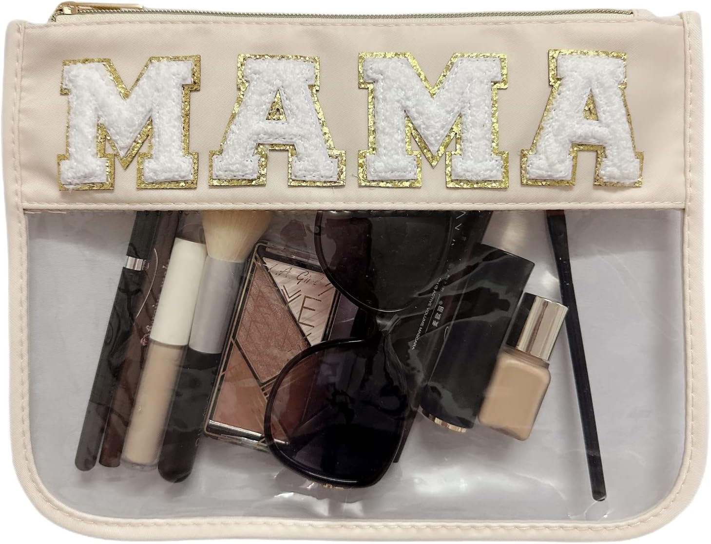 Clear Makeup Letter Bag, Chenille Patch Cosmetic Toiletry Pouch, Stadium Preppy Bags for Women Girls, Beige-Mama
