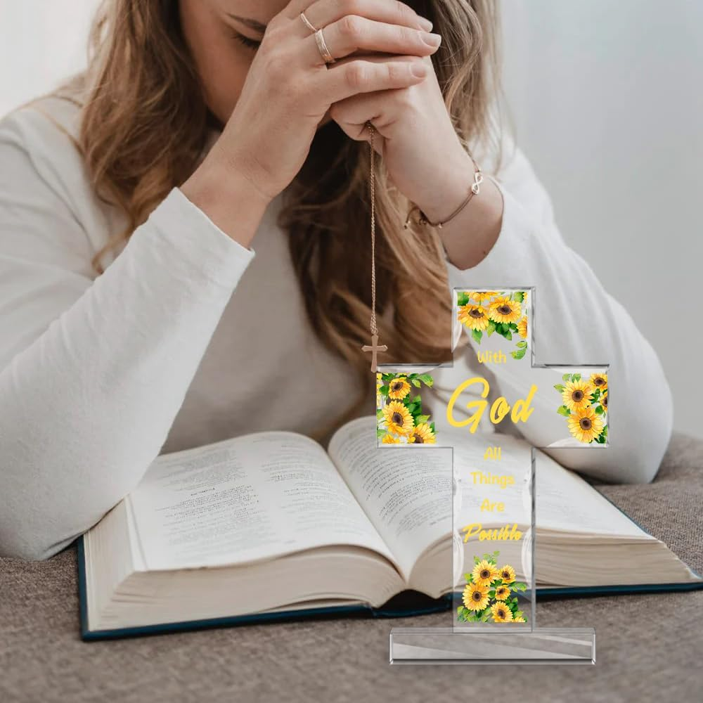 Christian Gifts for Women Acrylic Cross Decoration Sunflower Gifts for Women Christian Gifts for Men Inspirational Religious Gifts Baptism Gifts for Girls Religious Gifts with Bible Verse