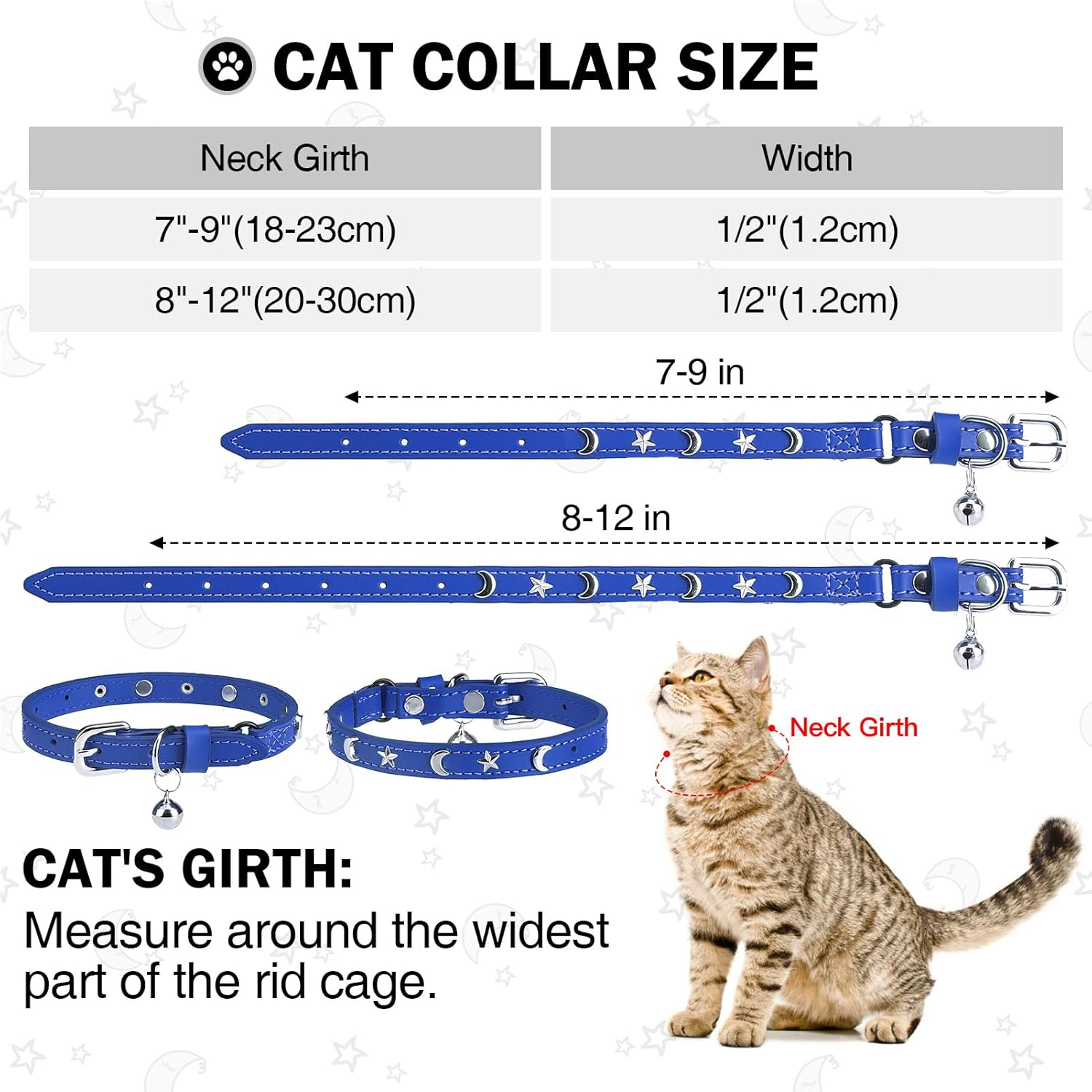 DILLYBUD Leather Cat Collars for Boy Girl Cats with Bell and Safety Elastic Belt, Personalized Star Moon Stud Adjustable Safe Buckle Collar Kitty Small Big Size 8-12 Inch, Blue (DIL-6119600_BLU) image number 4