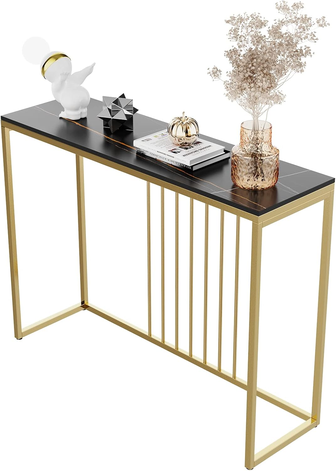Slim Console Table Hallway Unit: White Marble Top Consoles Desk Long 100Cm High Gloss Sintered Stone Marbles Effect and Gold Frame Narrow Tall Modern Sofa Side Tables Entryway Furniture Decor