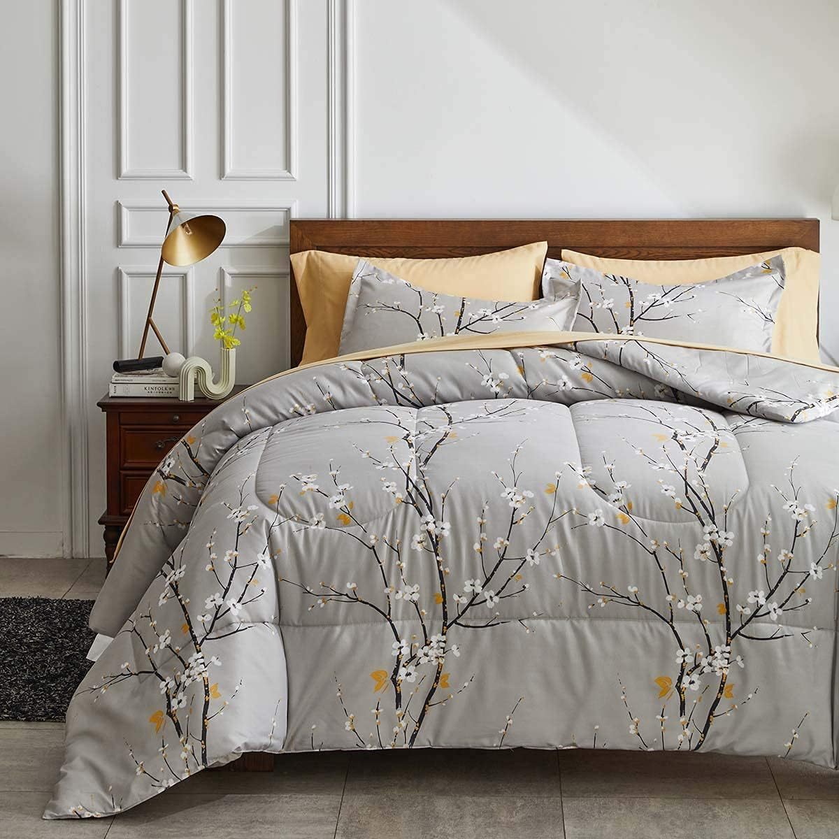 Gray Comforter Sheet Set Bed in a Bag 7 Pieces Queen Size Tree Branch Bloom Flower Spring Summer Bedding Set (1 Comforter 2 Pillow Shams 1 Tan Flat Sheet 1 Fitted Sheet 2 Pillowcases) image number 4