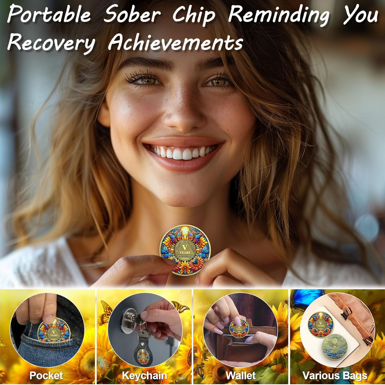 ACGZQY Sobriety Coin, 5 Year Sunflower Butterfly Sobriety Chip AA Coin and Medallions One Day at a Time Sober Token Narcotics Alcoholics Anonymous Recovery Gifts image number 1