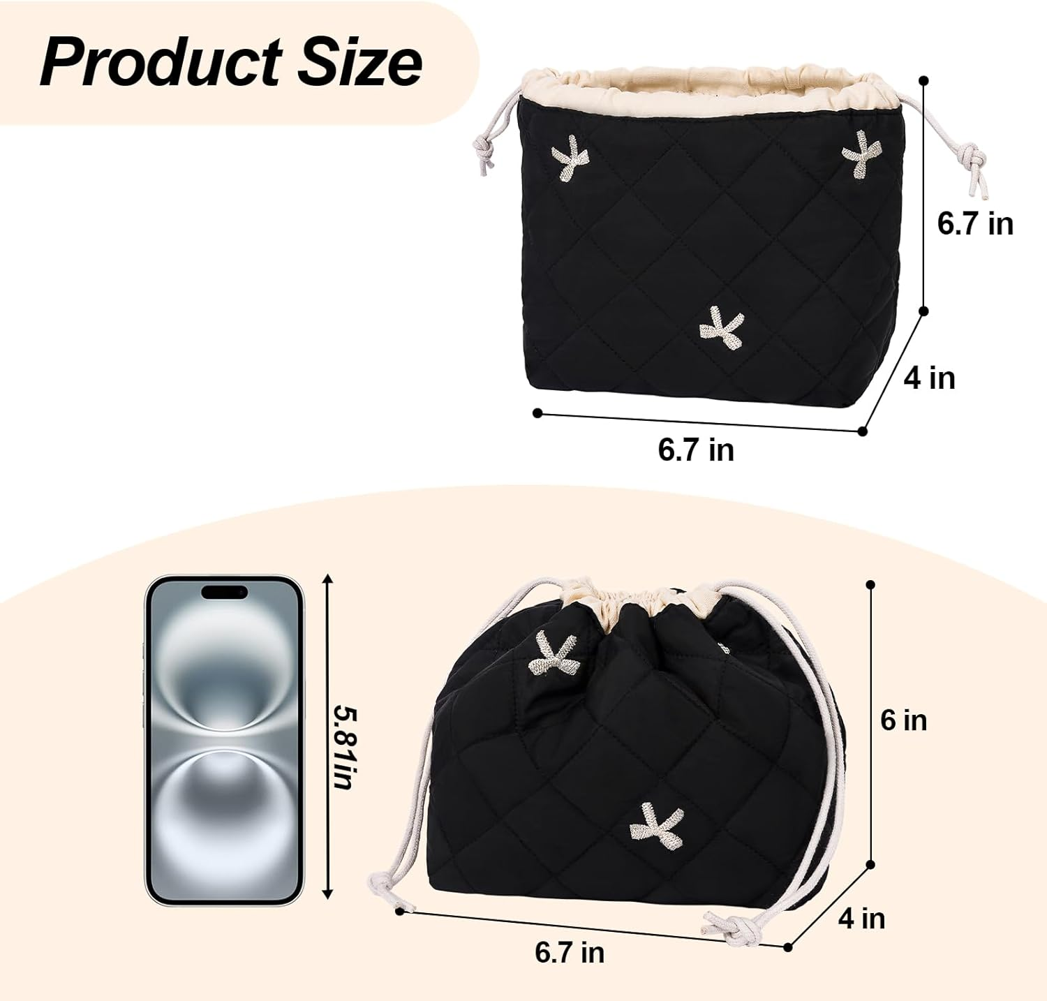 SXS LACONIC Drawstring Makeup Bag,Cotton Quilted Cosmetic Bag, Coquette Cute Organizer, Small Makeup Bag for Purse, Women Girls Portable Travel Cosmetic Pouch, Beige Bow image number 4