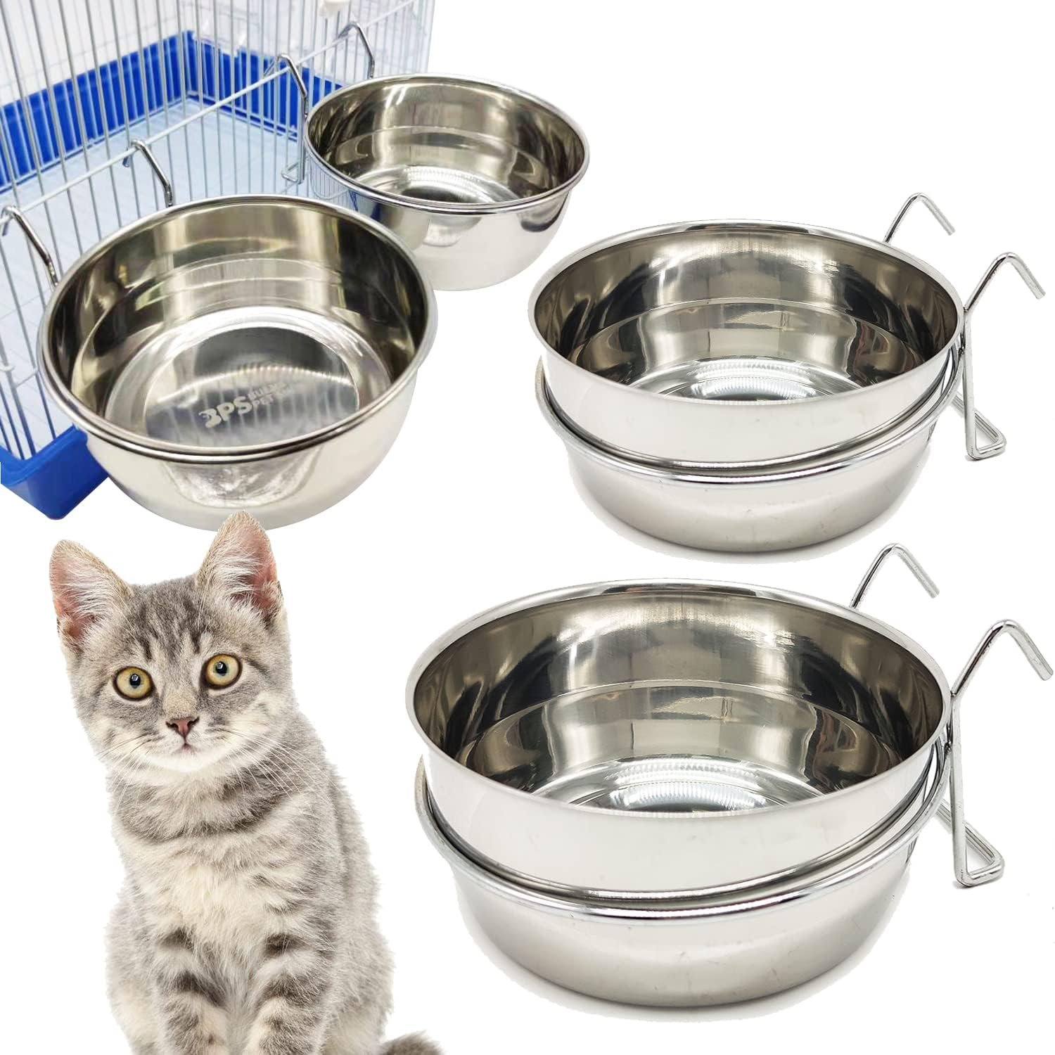 2 X Stainless Steel Food Bowl with Hook Food Container 4 Sizes Pendant for Bird Parrot Small Dog (For Cat) BPS-11131 * 2