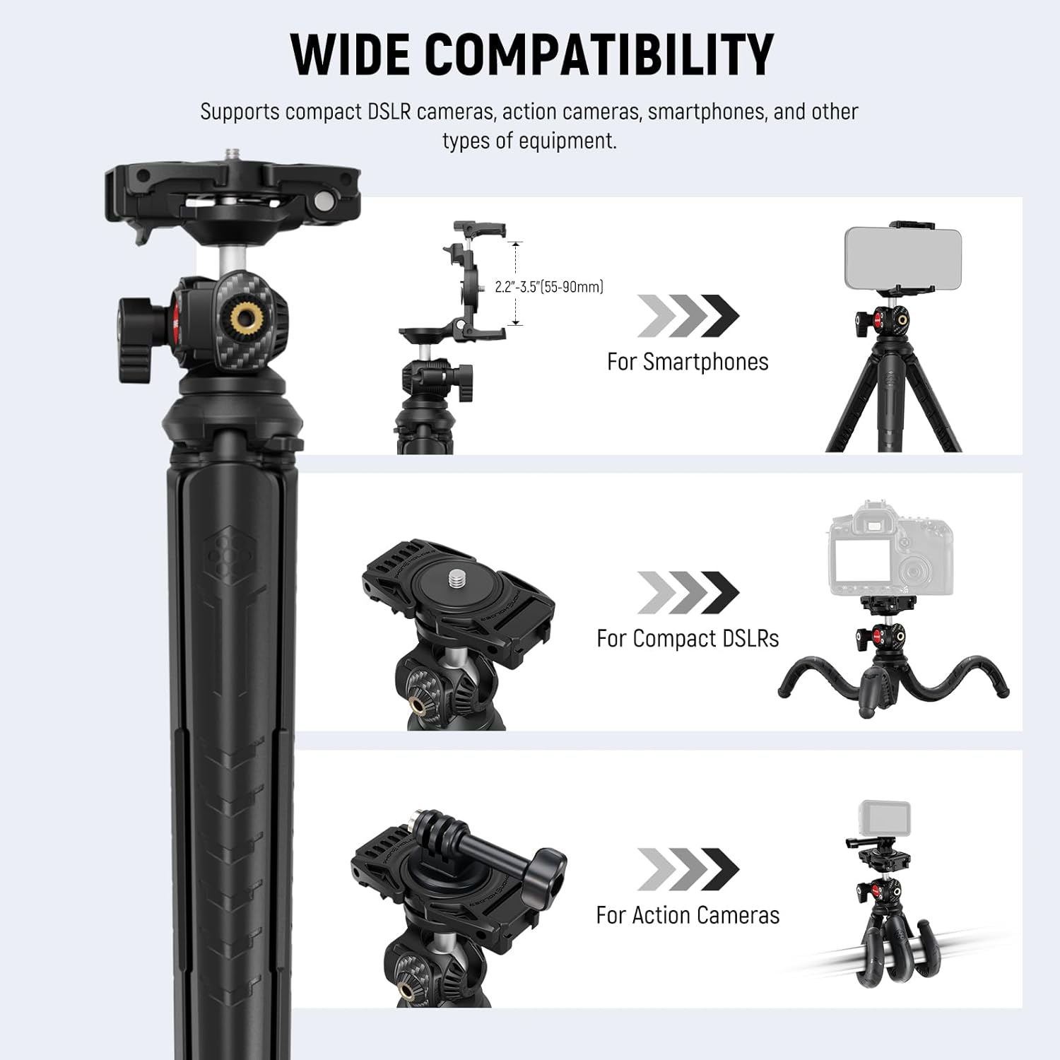 NEEWER Flexible Tripod with Remote,Mini Phone Tripod Stand Vlog Selfie Stick with Hidden Phone Holder & Action Camera Adapter Universal Compatible with Iphone Gopro Hero13 12 11 10 Samsung Camera,Tp35 image number 6
