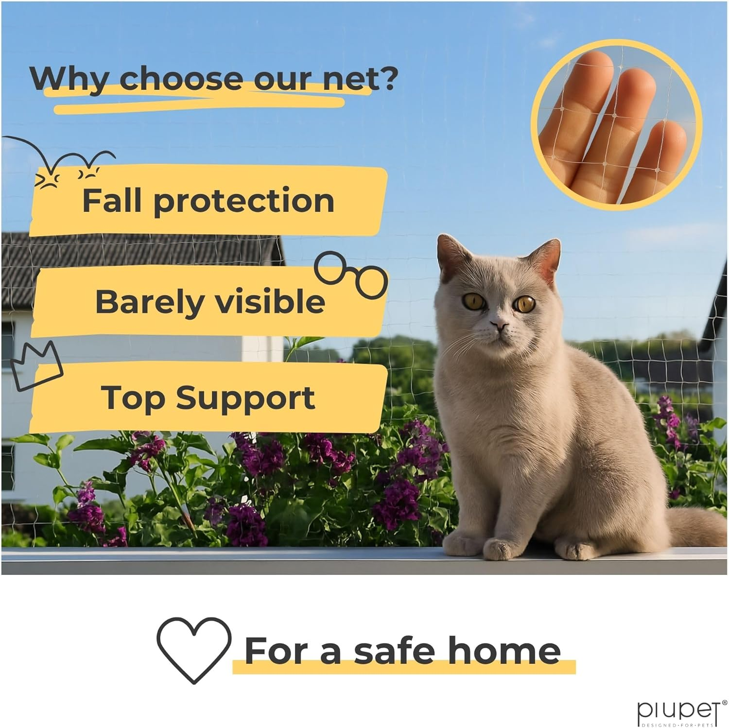 Piupet&reg; Cat Net Transparent I 4X3M I Including Fastening Set I Netting for Balcony and Window I Balcony Netting for Cats | Ideal for Catio Cat Outdoor Enclosures and Cat Window Guard image number 4