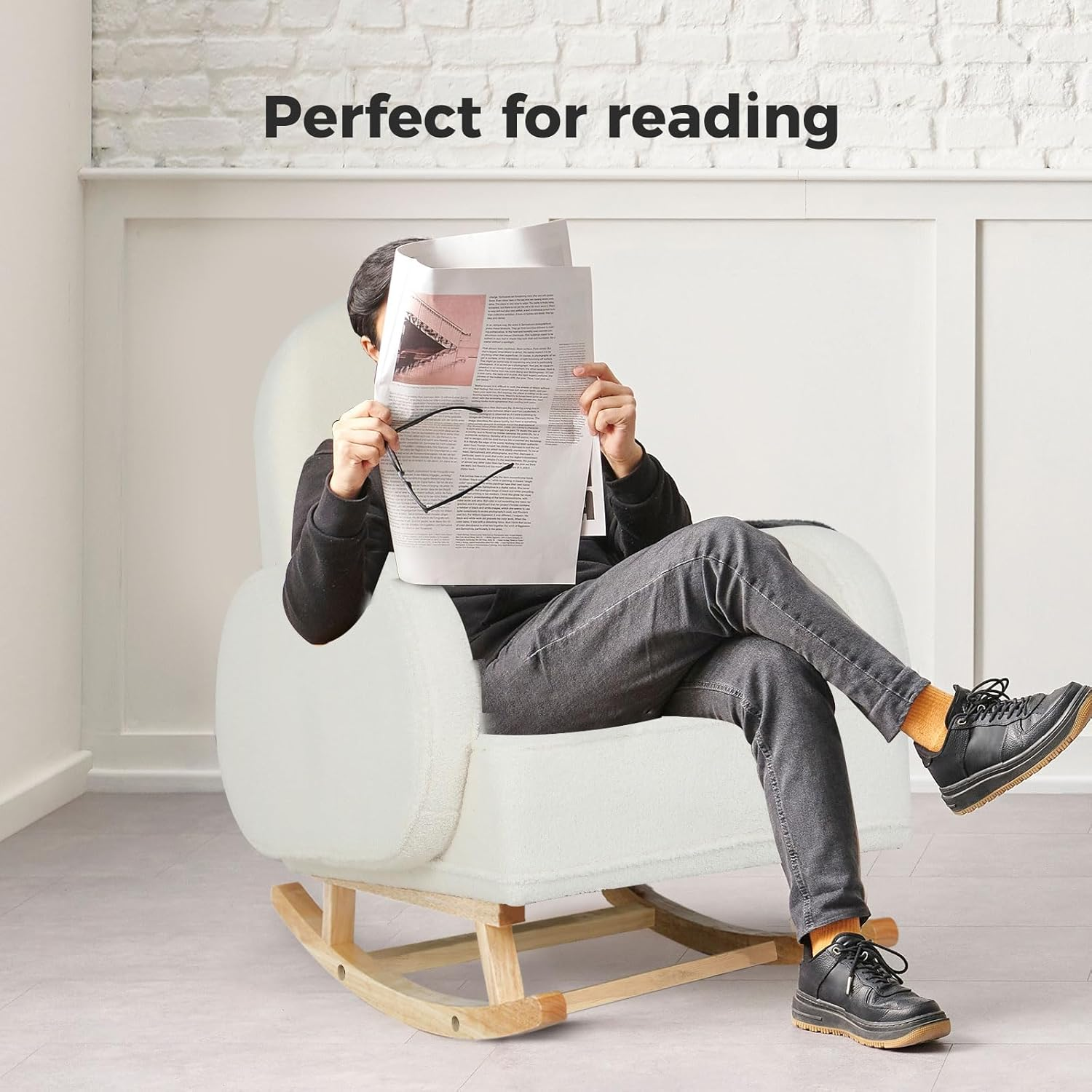 Levede Rocking Chair Nursery with Ottoman, Upholstered Glider Armchair with Footrest for Living Room or Bedroom, Ergonomic Cloud Design, Solid Wood Base, Max Load 85Kg, Beige image number 4